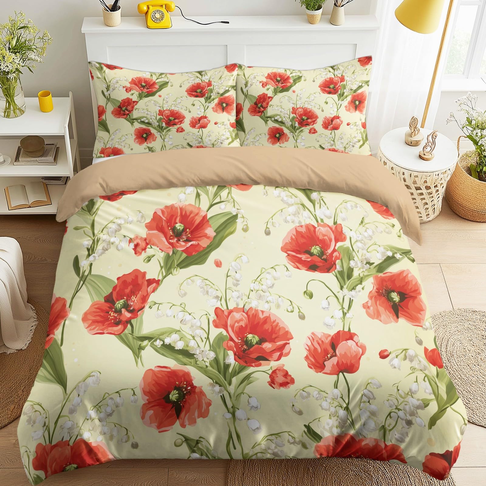 Biancheria da letto vintage elegante, 200 x 200 cm, romantica e fresca, retrò, pastorale, fiori, in microfibra, con chiusura lampo, include 1 copripiumino e 2 federe, per bambini e adulti