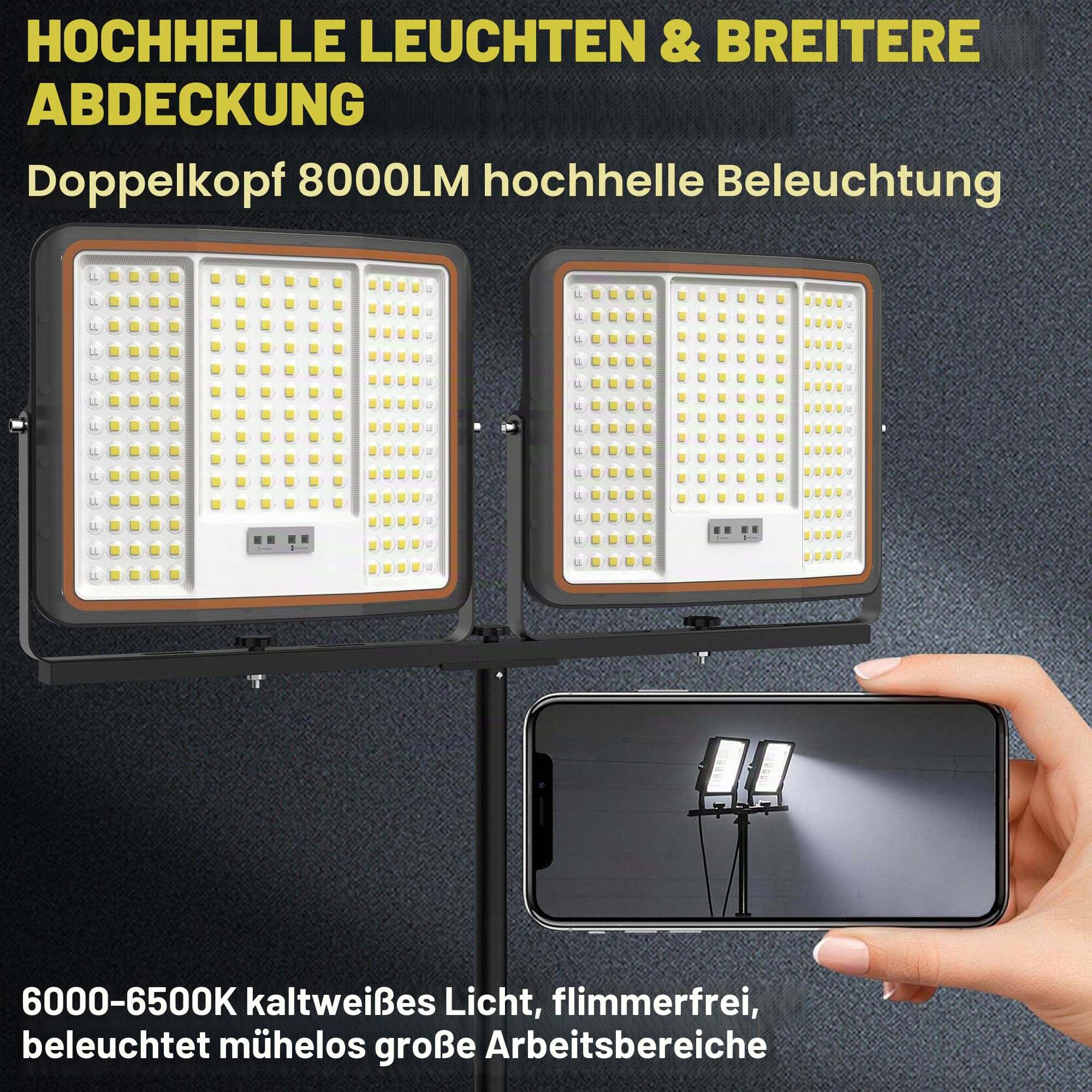 UISEBRT 2x300W LED Baustrahler Akku mit Stativ & 2M Typ-C Kabel,360° Drehbar,3 Lichtmodi,116-182cm höhenverstellbar,Kaltweiß IP66 Wasserdicht Strahler für Garage Werkstatt Baustelle