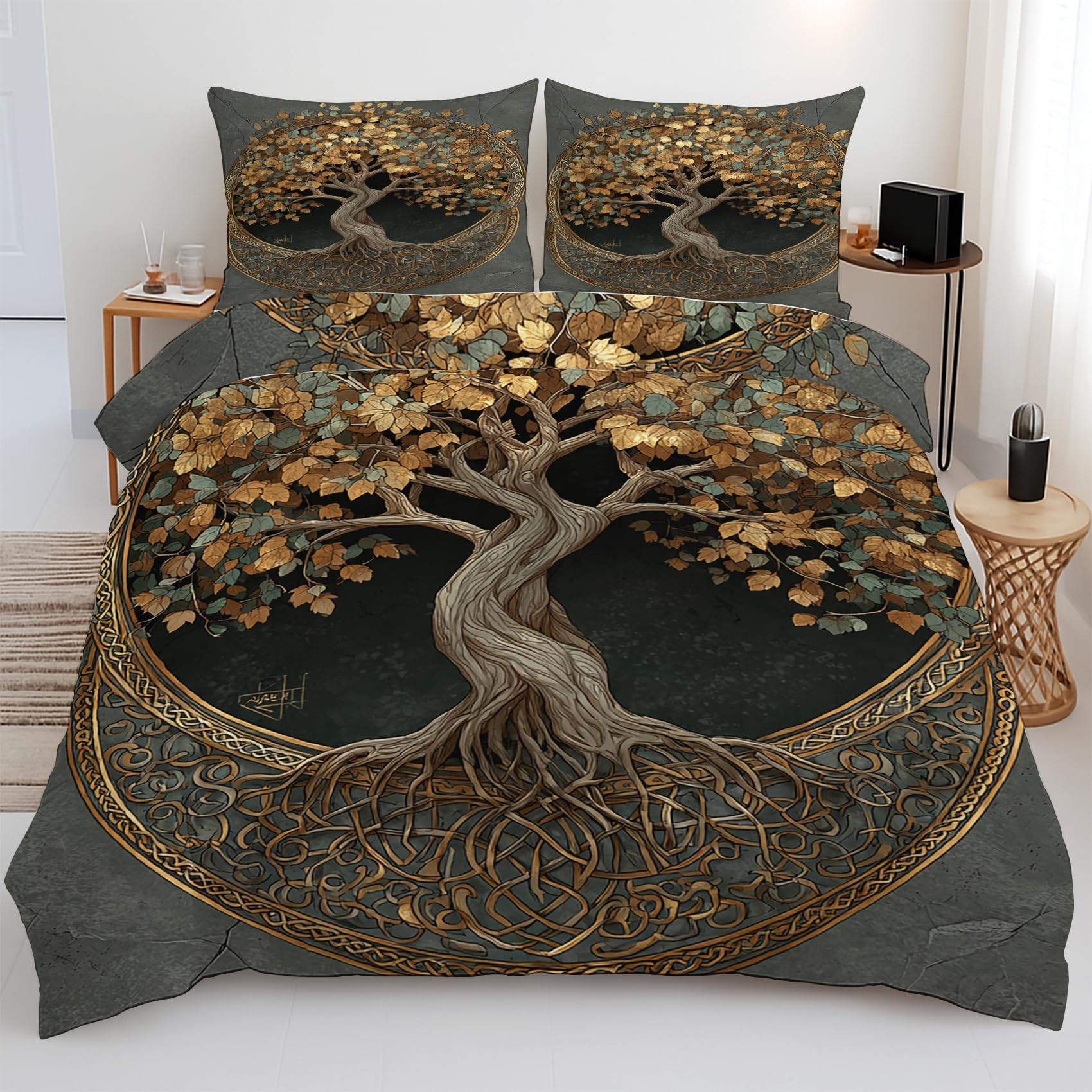 Housse de couette 220x240 arbre de vie celtique avec 2 taies d'oreiller