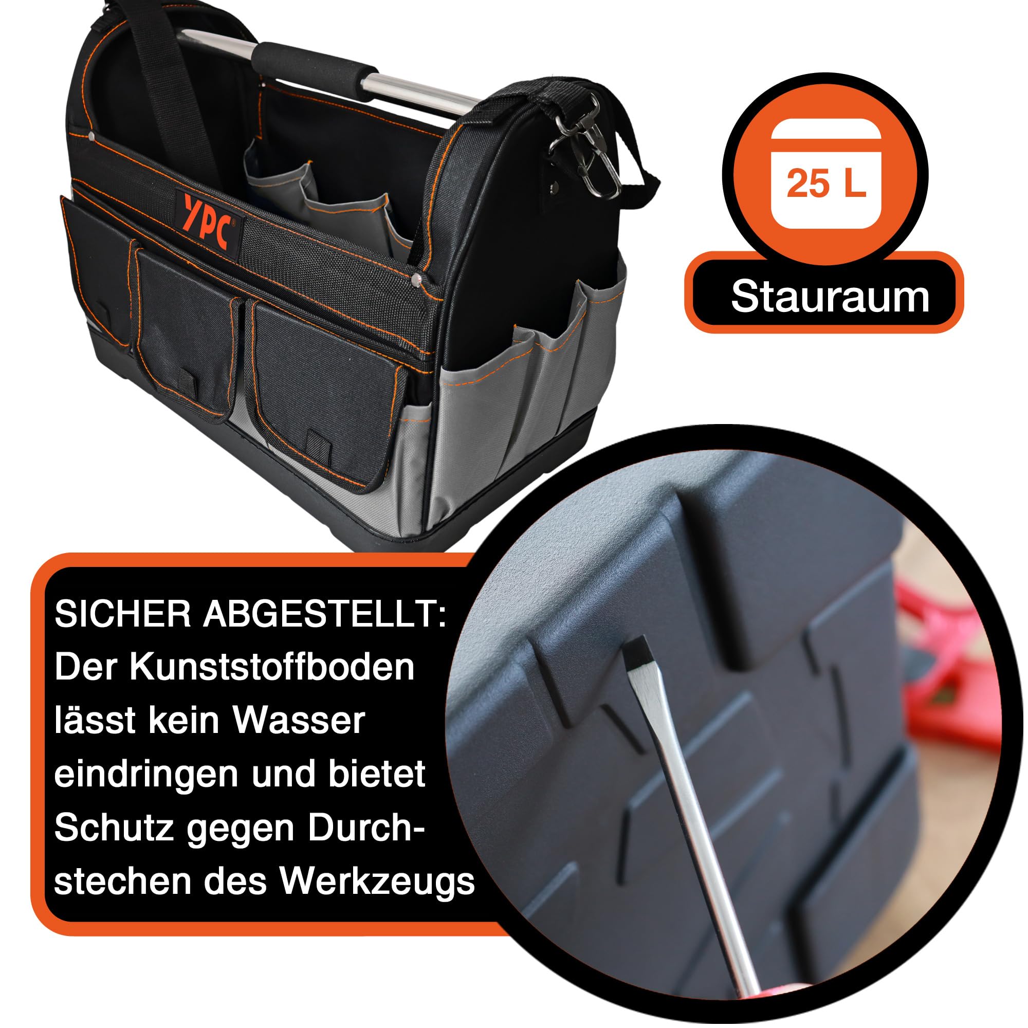 YPC Pioneer Werkzeugkorb XXL – Profi tragbare Werkzeugtasche mit stabilem Boden, Wasserfest, Reißfest, Schultergurt mit Polster & Metall-Handgriff, Grau-Schwarz, 45x35x23cm – 20 kg Tragkraft