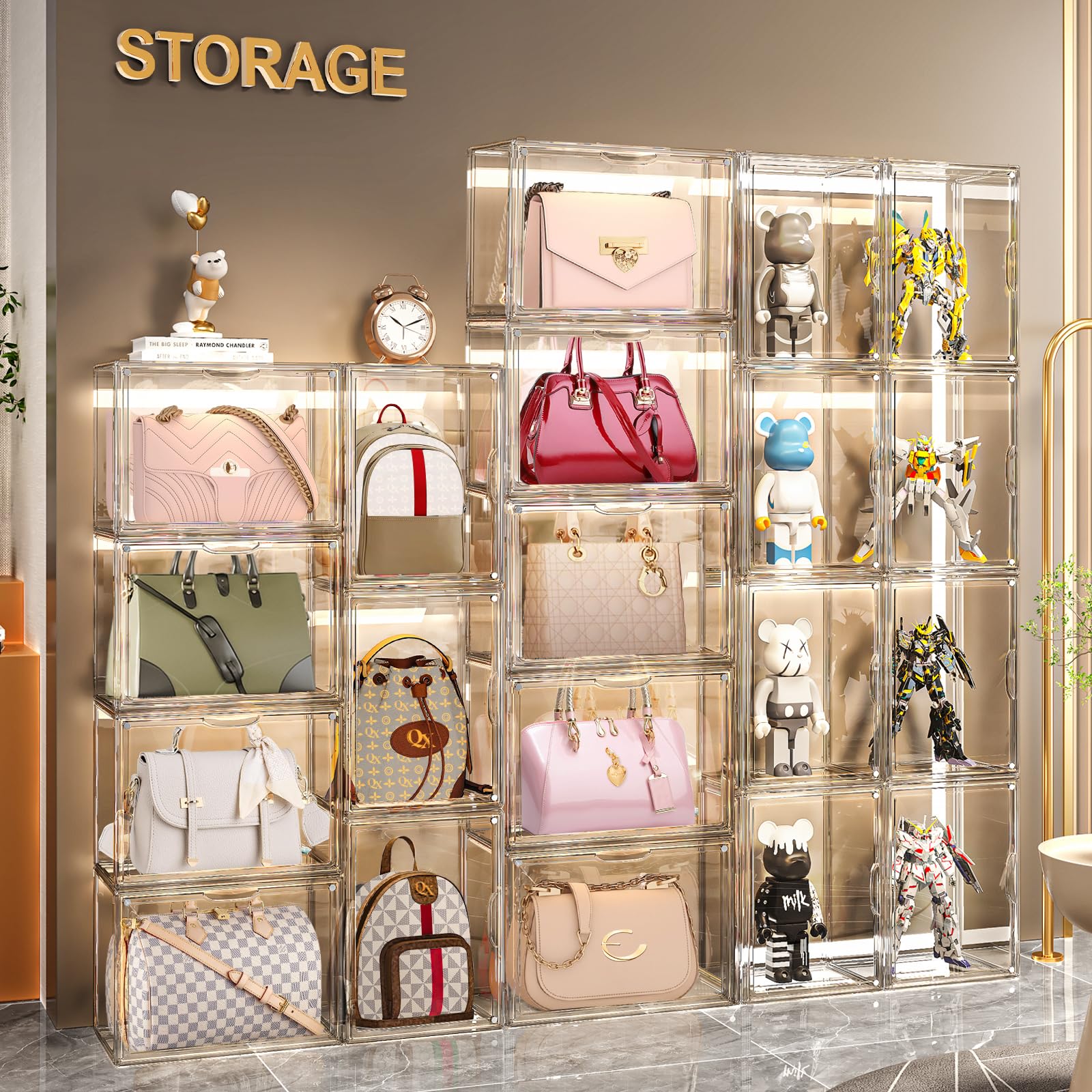 4 Packungen Kunststoff Geldbeutel Lagerung Veranstalter für Schrank, Klare Vitrine für Geldbeutel und Handtaschen, Stapelbare Aufbewahrungsboxen mit magnetischer Tür für Kosmetik Spielzeug