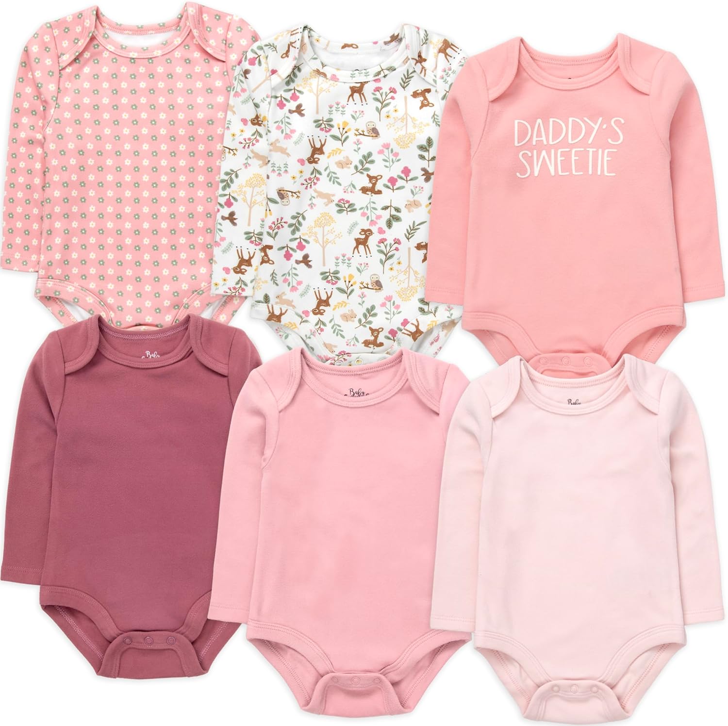 Baby Essentials 6-pack Long Sleeve Bodysuits,Solid & Printed Designs, Soft Stretch Polyester Spandex, Snap Closure