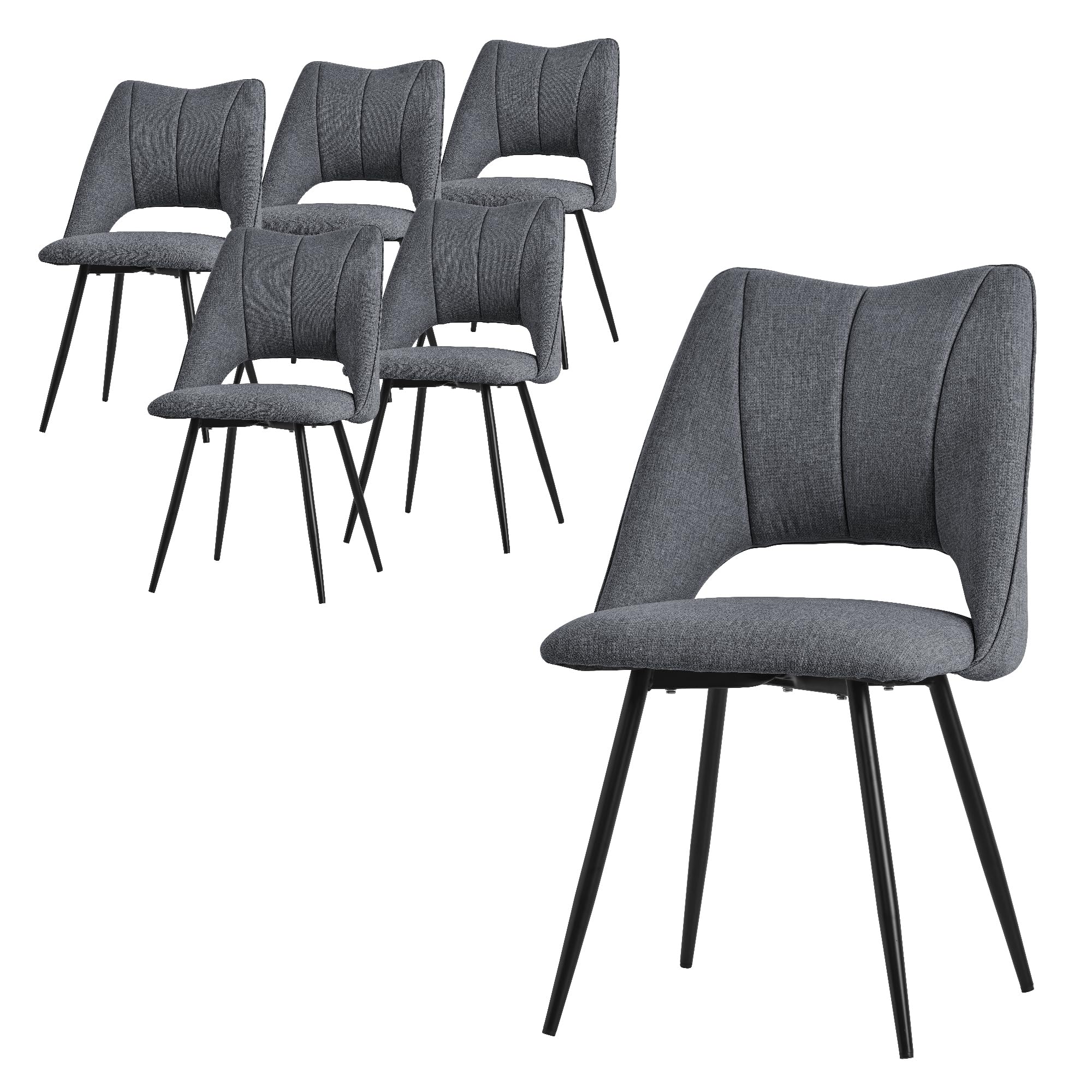 ML-Design Set 6X Sillas de Comedor Gris con Respaldo Asiento de Poliéster Tapizado con Patas de Metal Negro Sillónes Ergonómicos de Diseño Moderno para Mesa de Salón, Escritorio o Cocina