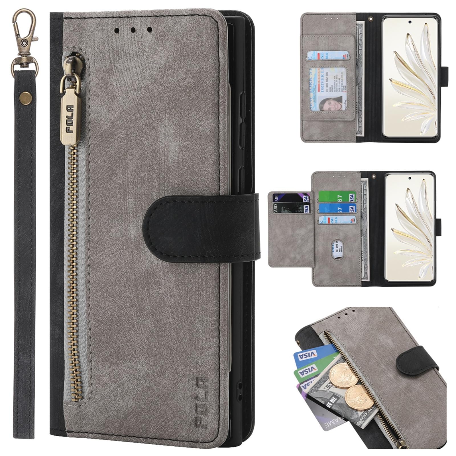 XYX Wallet Case for Motorola G84 5G, RFID Blocking Color Matching PU Leather 6 Card Slots Flip Zipper Pocket Purse Cover with Wrist Lanyard for Moto G84 5G, Grey & Black