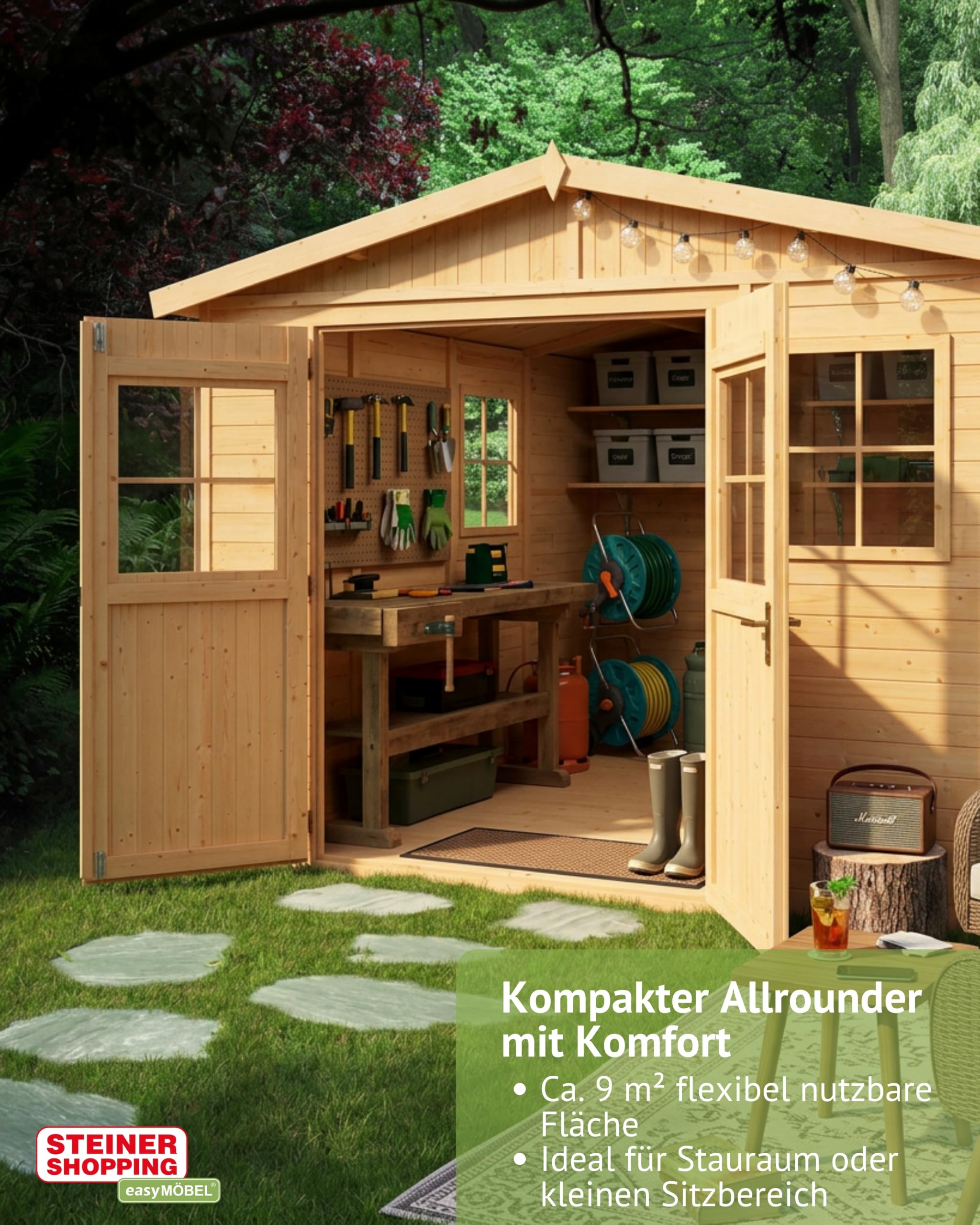 Steiner Shopping Gartenhaus Mainau 300x300 cm aus Holz I Vorgefertigtes Elementhaus mit Satteldach & Dachpappe I Geräumiger Geräteschuppen für Gartengeräte & Fahrräder I Robuste Gartenhütte