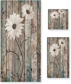 Rustic Floral Bath Towels Set,Fall Daisy Butterfly Flower Teal Brown Wooden Barn 3 Piece Towel Set1 Bath Towel 1 Hand Towel 1 Washcloth Absorbent Decorative Bathroom Towels for Shower,Spa
