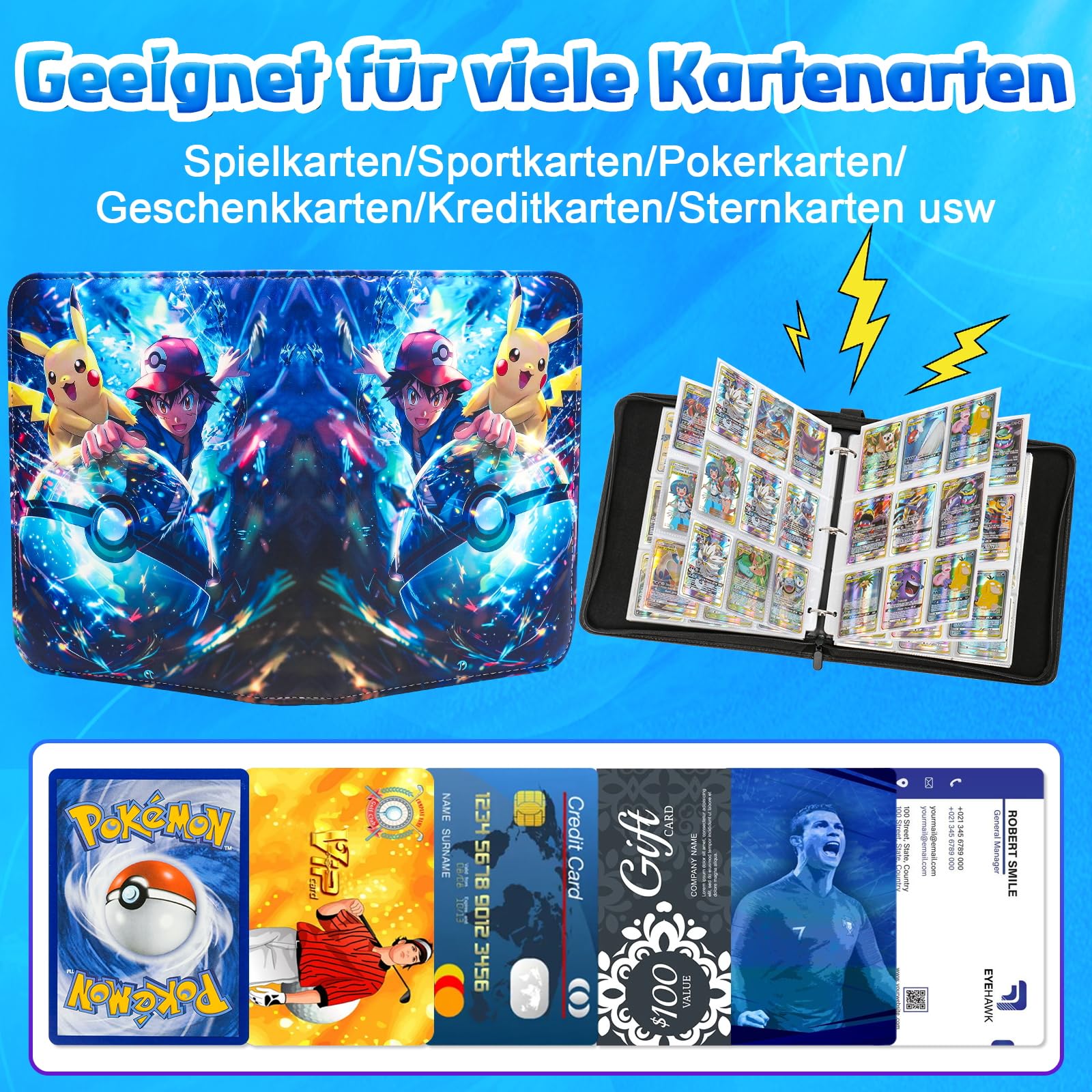 LYAILOOGXL Pokemon Álbum de 900 cartas: álbum de cartas coleccionables para coleccionar e intercambiar, material de poliuretano con superficie impermeable, carpeta de coleccionista de regalo para