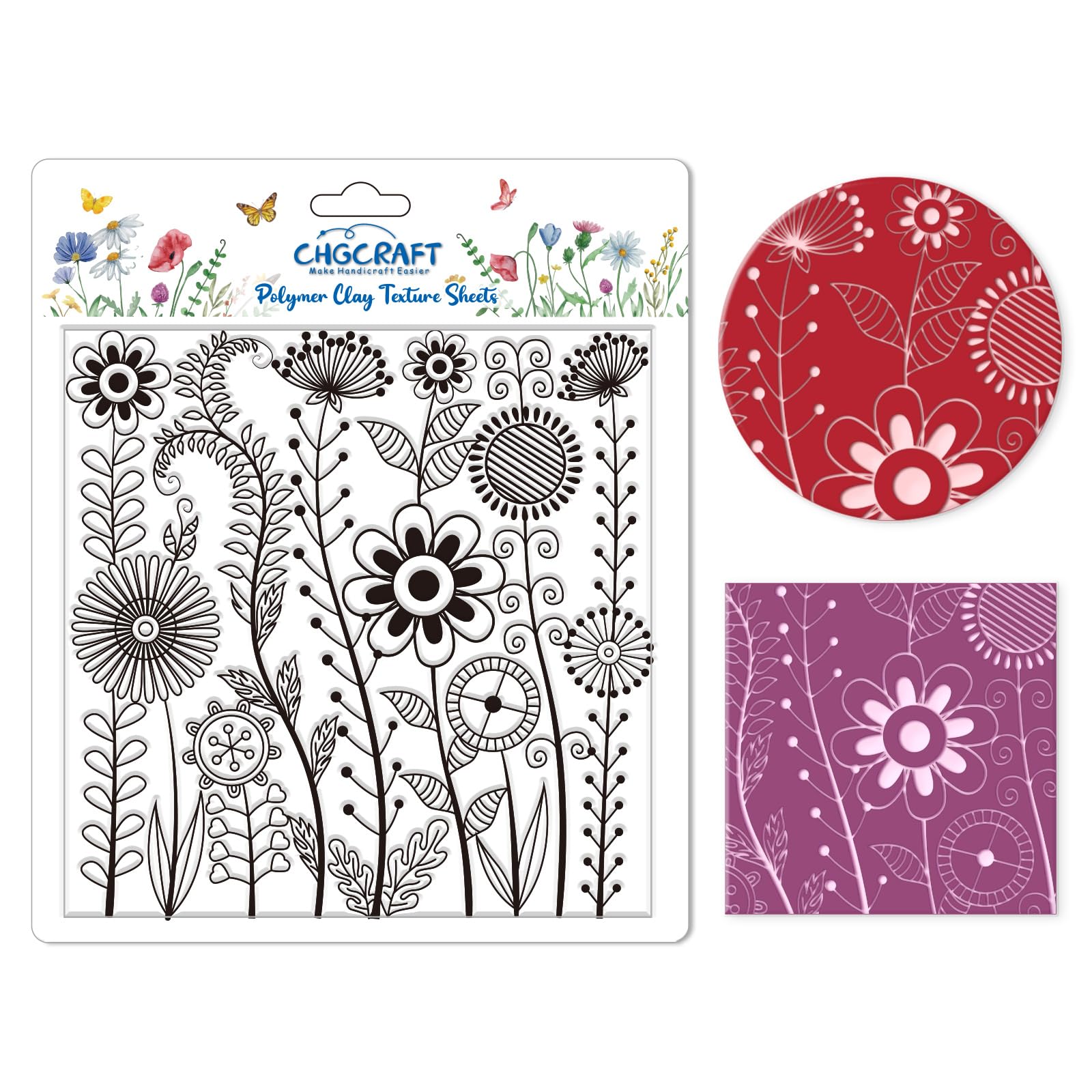 CHGCRAFT Abstract Wildflowers Polymer Clay Texture Sheets Geometric Flowers Silicone Texture Stamp Clay Texture Mat Modeling Pattern Pad Texture Sheets for Jewelry Clay Earrings Tools, 5.5x5.5 inch