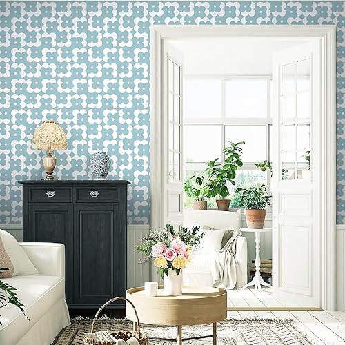 Miniatura 7 de Ismoon Papel tapiz geométrico para despegar y pegar, papel de contacto bohemio azul y blanco, 118 x 17.3 pulgadas, papel tapiz floral moderno,