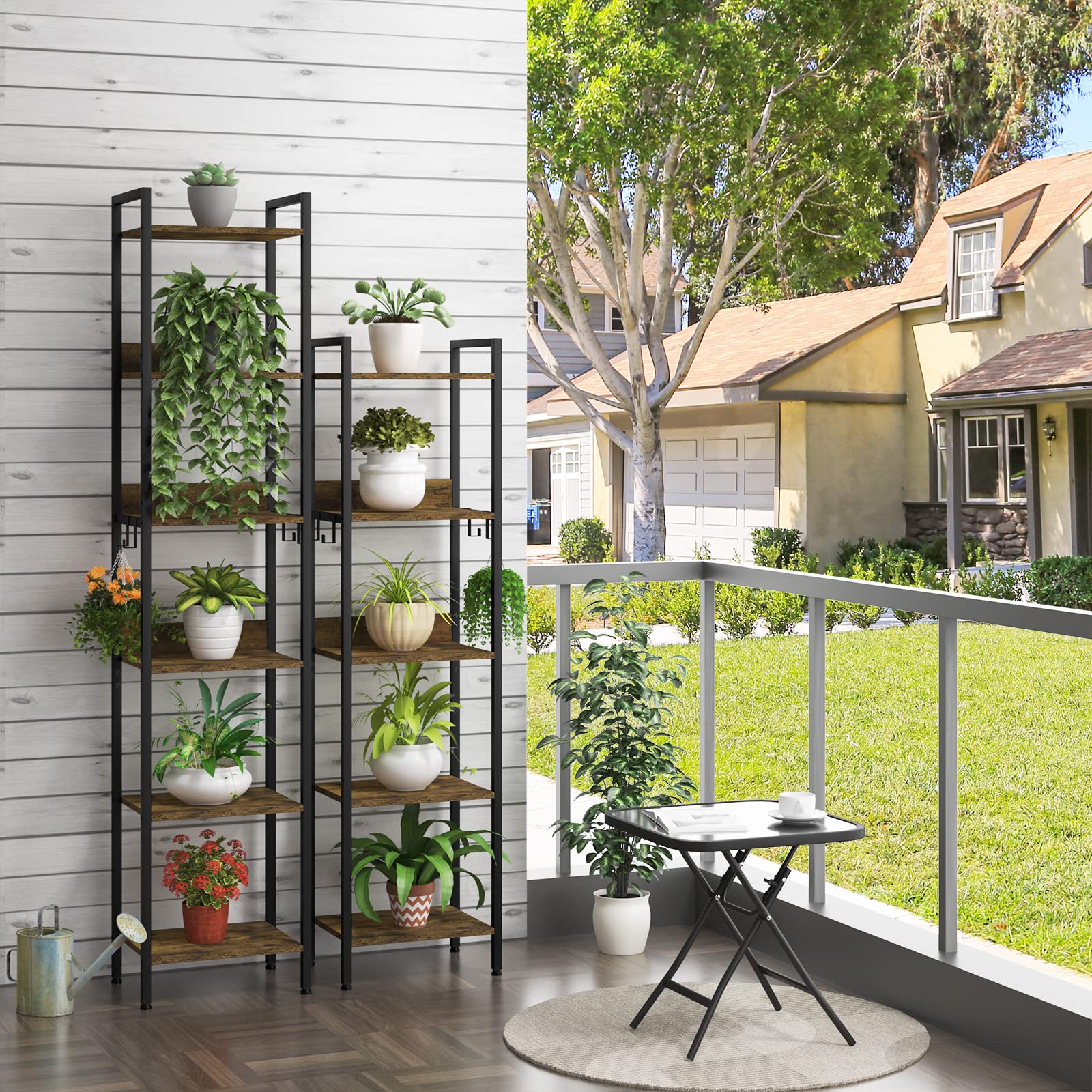 EUGAD Libreria Industriale a 6 Livelli, Scaffale in Metallo e Legno per Soggiorno e Cucina, Salvaspazio con 4 Ganci, Nero + Legno Vintage, 40x30x187cm