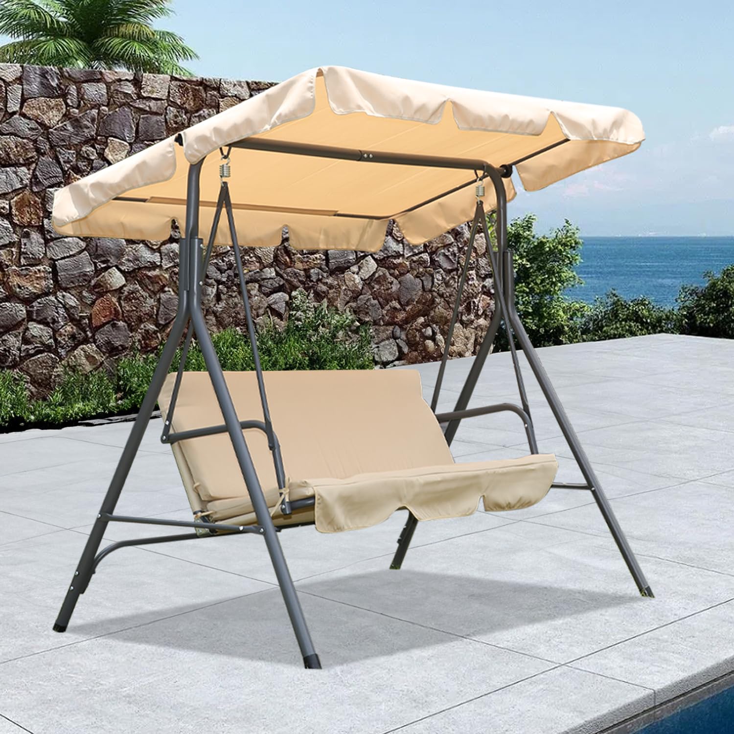 Angel Living Balançoire de Jardin en Métal avec Parasol Balançoire 3 Places avec Coussin Ajustable et Plafond pour Terrasse, Balcon Extérieur, Acier, Max. 240 kg - 169x110x151cm (Beige)