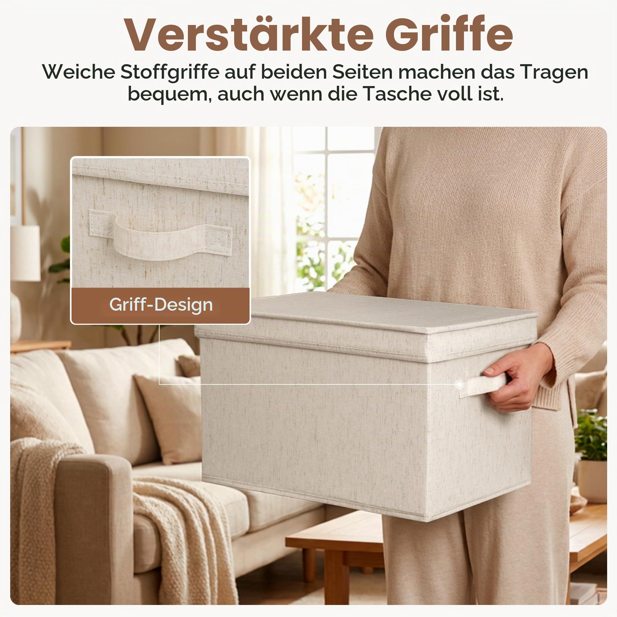 StorageWorks Aufbewahrungskorb mit Deckel, dekorative Aufbewahrungsboxen mit PU-Griffen, stapelbare Stoff-Aufbewahrungskörbe für Schrank, Regale, Beige (Baumwolle-Leinen), Jumbo, 3 Stück