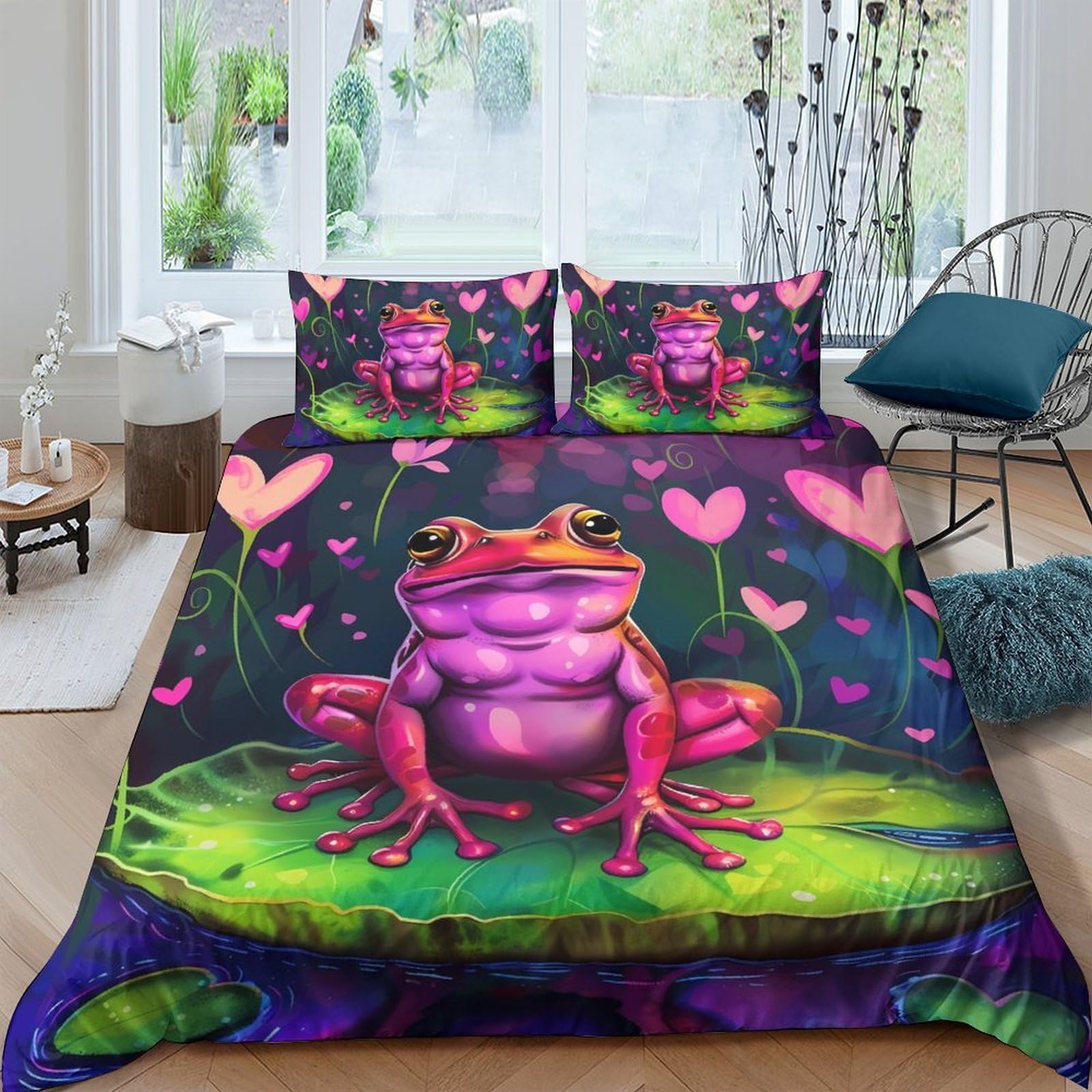 Ctjqhvkz Style-1 3D Printed Pink Frog Fitted Sheet Microfiber Bedroom Decor Heart Leaf Mattress Cover For Home Dorm Single（135X200cm）