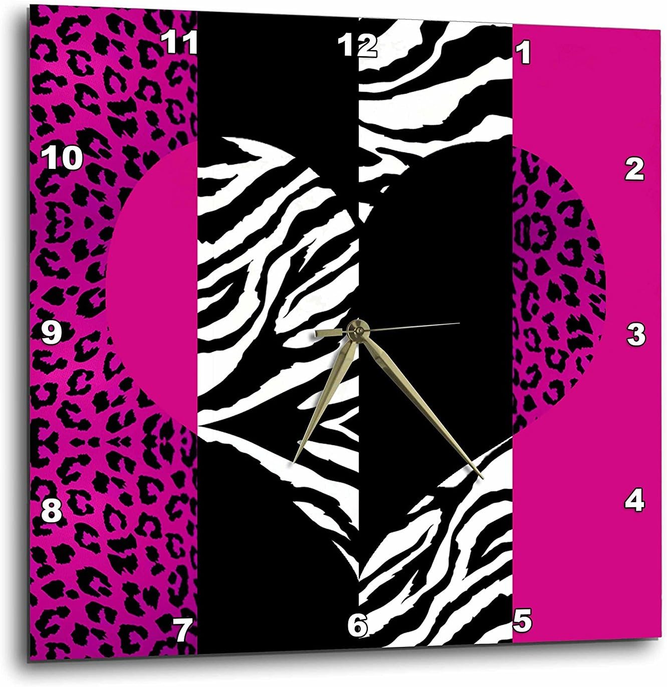 3dRose DPP_35437_2 Pink Black and White Animal Print Leopard and Zebra Heart Wall Clock, 13 by 13-Inch
