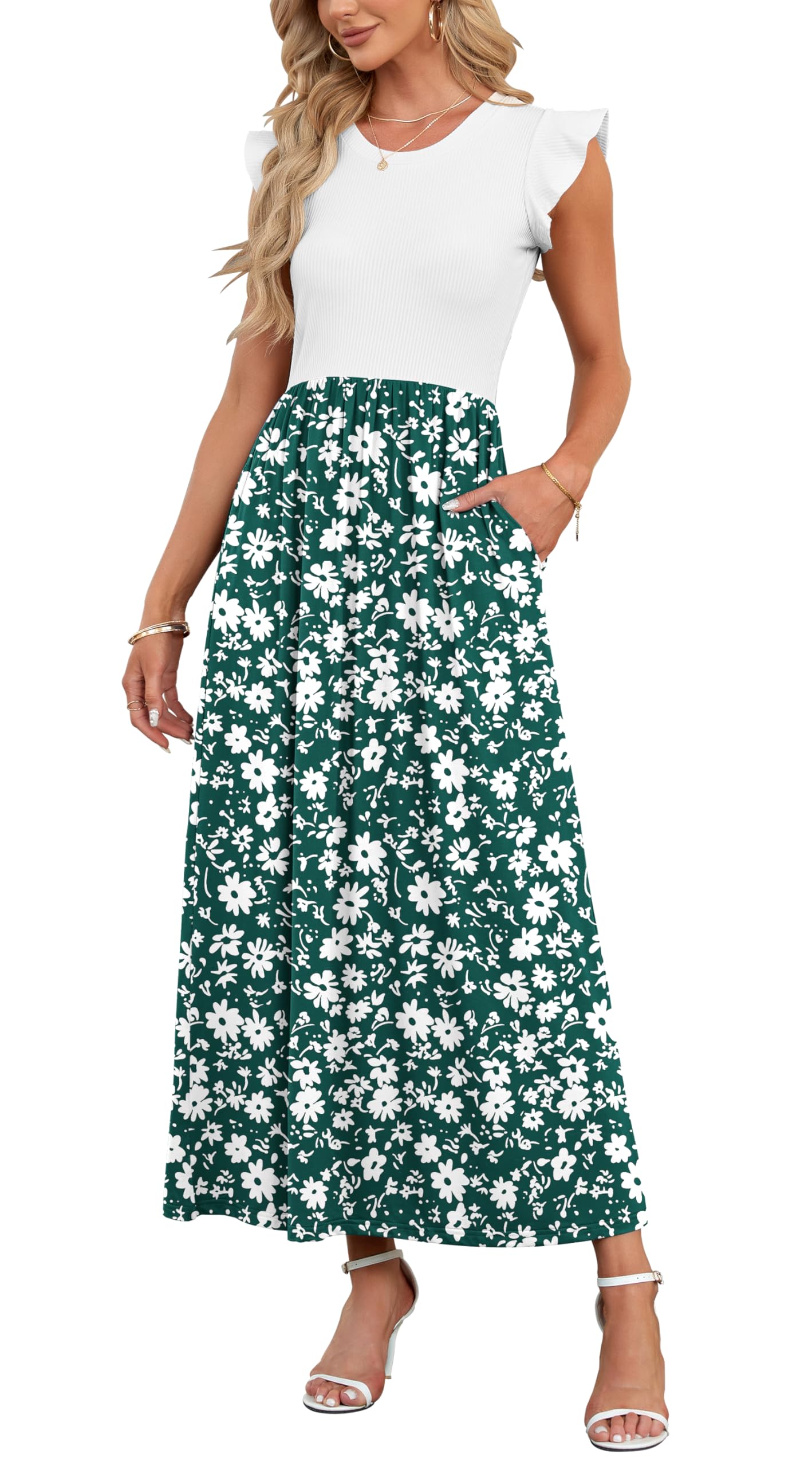 AUSELILY Damen Sommer Rundhalsausschnitt Maxi Kleid mit Taschen Kurzarm und Rüschen Lässiges Hohe Taille Langes Lockeres Bodenlanger Rock