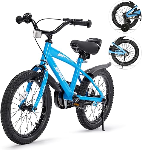 BODIOO Bicicleta infantil para niños y niñas, bicicleta de 16 pulgadas con soporte de entrenamiento, marco resistente, asiento ajustable, freno de