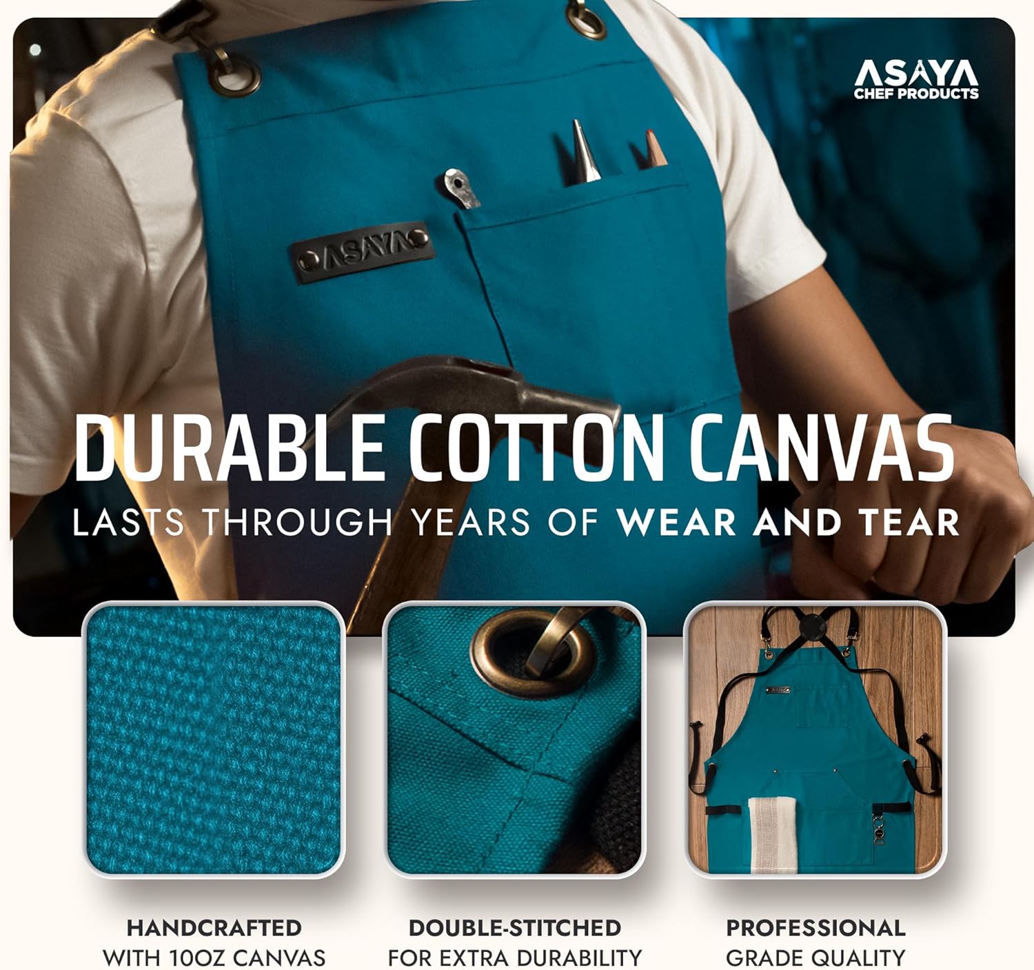 Asaya Chef and BBQ Apron with Bottle Opener and Hand Towel - 10oz Cotton Canvas, Stainless Steel Hardware - Cross Back Straps - Image 3