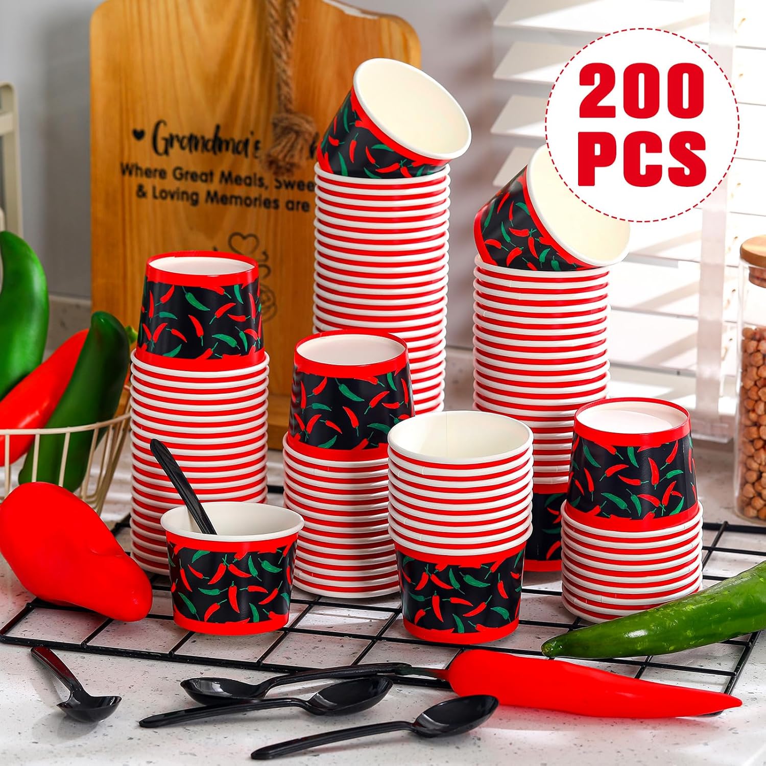 Blushtier 200 Pcs 4 oz Chili Cook off Tasting Cups with Plastic Spoon Small Disposable Paper Bowls Chili Cups Portion for Mexican Party Cooking Food Sauce Supplies