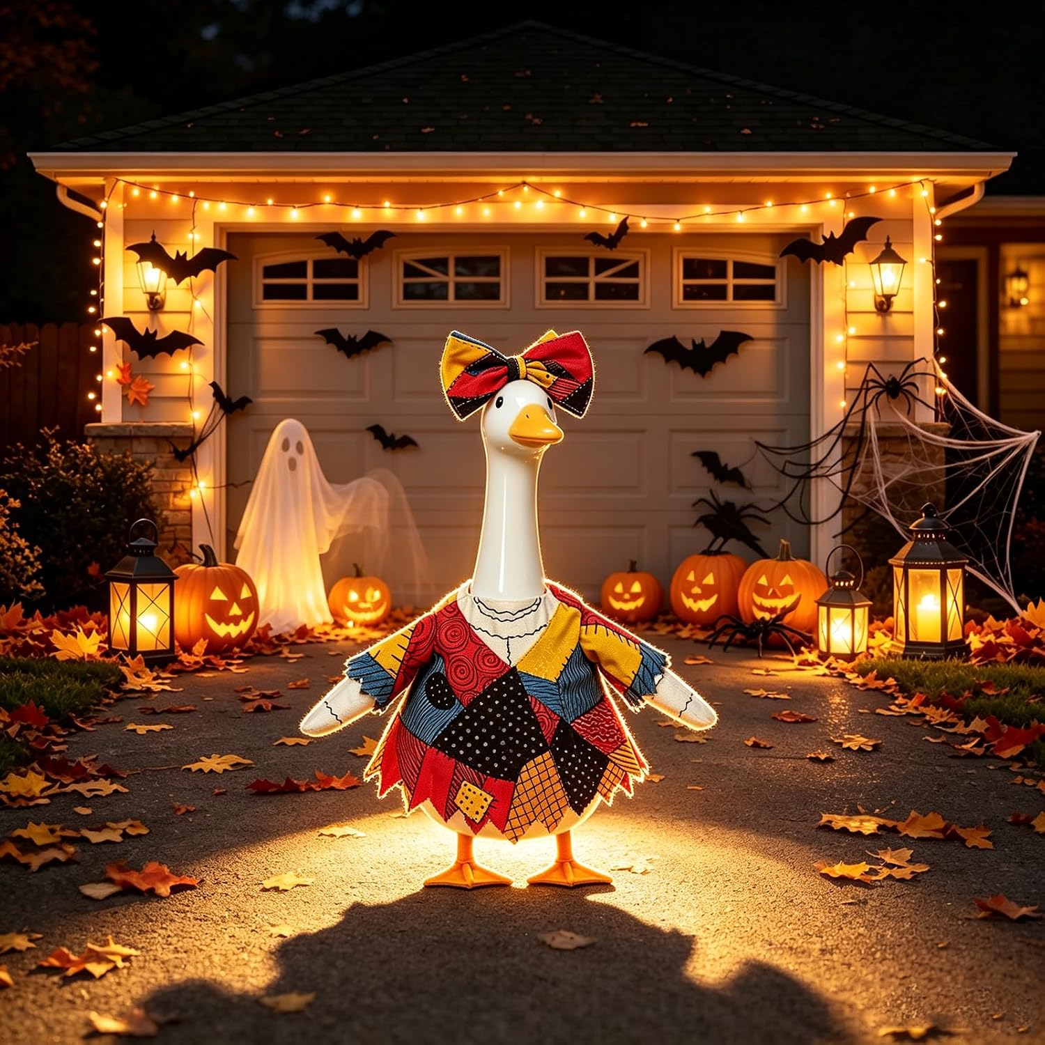 Halloween porch goose outfit, Patchwork Dress with Colorful Bow Headband