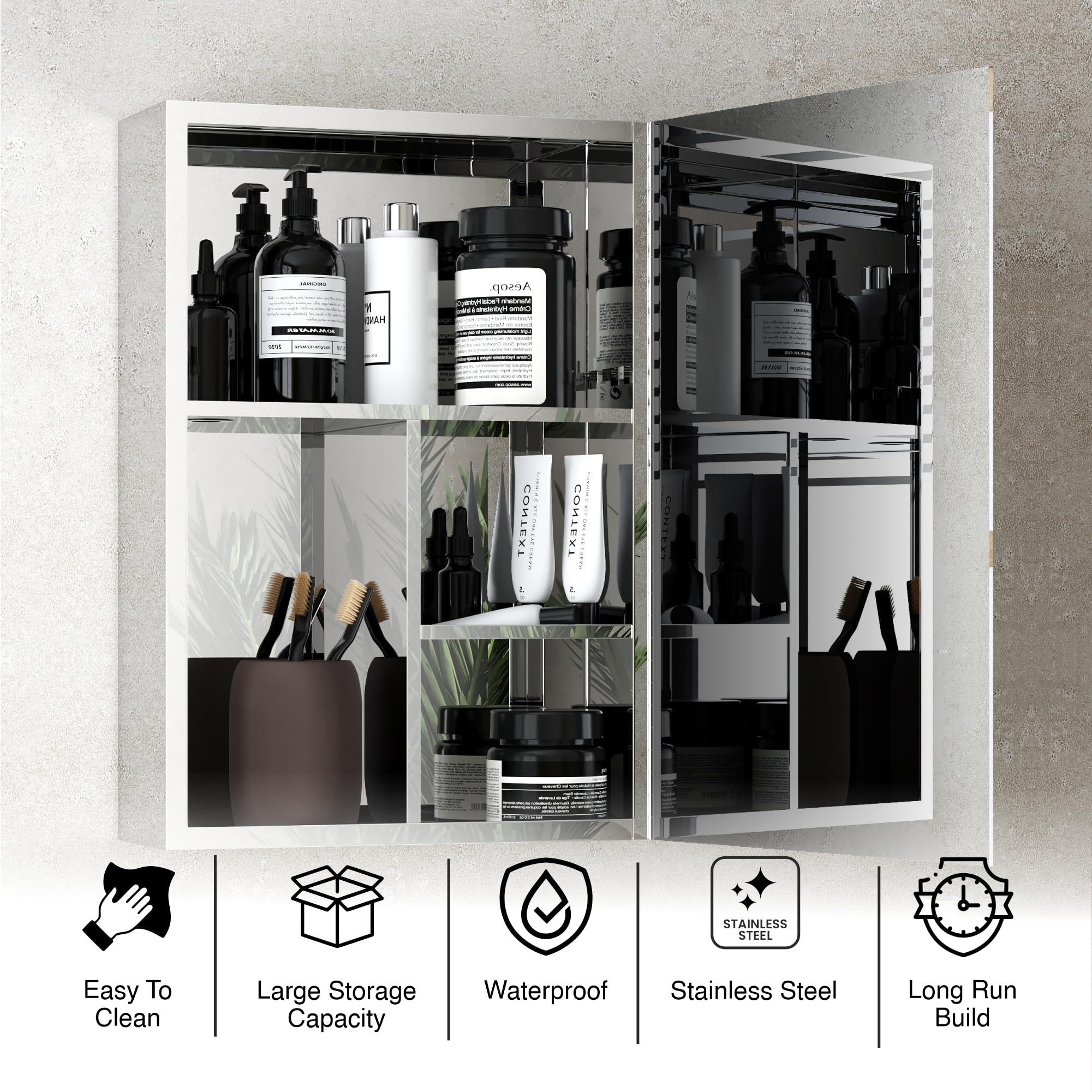LAPO Premium Stainless Steel 304 Grade Bathroom Mirror Cabinet with Storage | Anti Rust & Corrosion | 4 Storage Compartments Shelf Organiser | Wall Mounted (16x24 Inches | Chrome | 3yrs Warranty) 1
