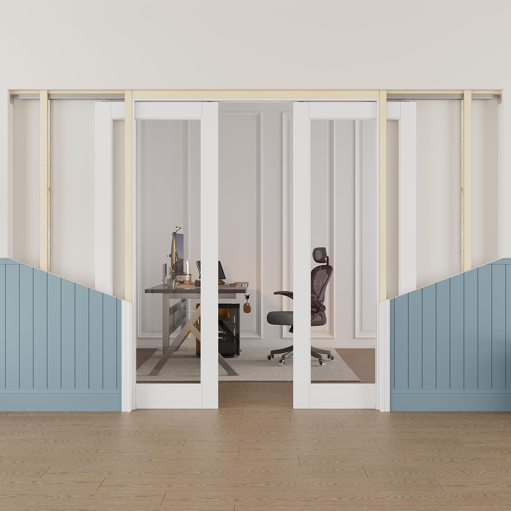 60x80 Sliding Double Pocket Door,1 Lite Clear Glass Doors,Hidden Doors