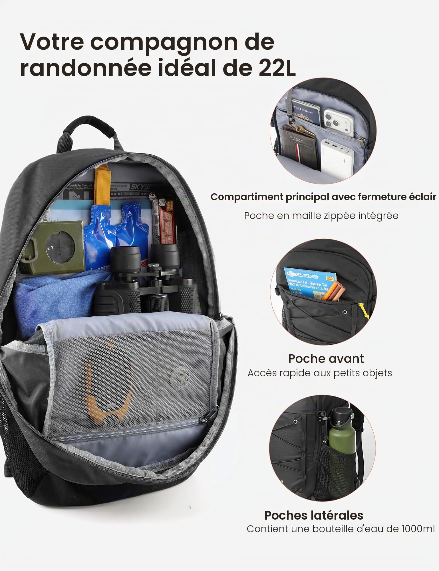 SKYSPER 22L Sac à Dos Randonnée Sac à Dos avec D'hydratation Dorsale | Sac à dos léger avec dos ventilé en maille respirante pour homme et femme randonnée, voyage, excursions d'une journée