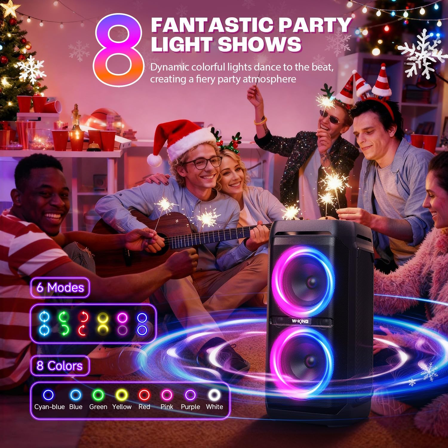 W-KING Portable Bluetooth Speaker 240W, Loud Boom Box with Deep Bass Subwoofers, IPX6 Waterproof Party Outdoor Speaker, Speakers Bluetooth Wireless, RGB Lights, 24H, Mic&Guitar Input, Echo, EQ, AUX - Image 7