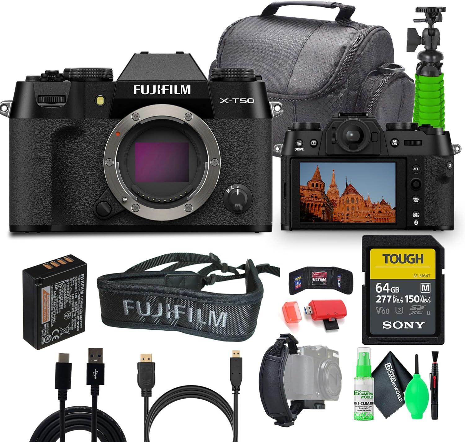 Fujifilm X-T50 Mirrorless Digital Camera Body Bundle with 64GB SF-M Tough UHS-II SDXC Memory Card + Vlogging Tripod + Greens Lens Cleaning Kit + Micro HDMI Cable + More Accessories (Black)