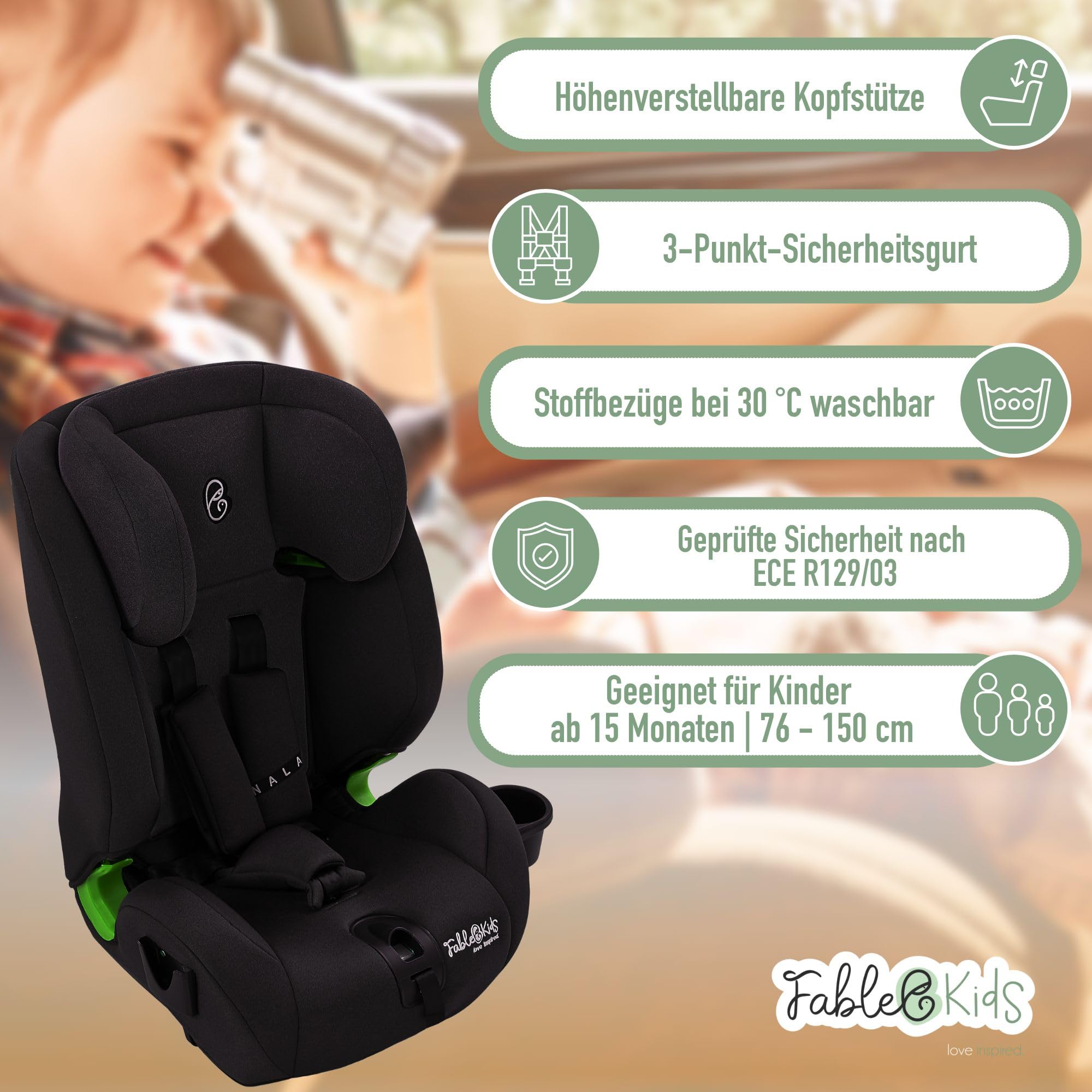 FableKids Kinderautositz mit Isofix | Autokindersitz ab 15M. | Autositz für Kinder 76-150cm | Kindersitz i-Size ECE R129/03 | 3-Punkt-Sicherheitsgurt | einstellbare Kopfstütze & Becherhalter | Schwarz