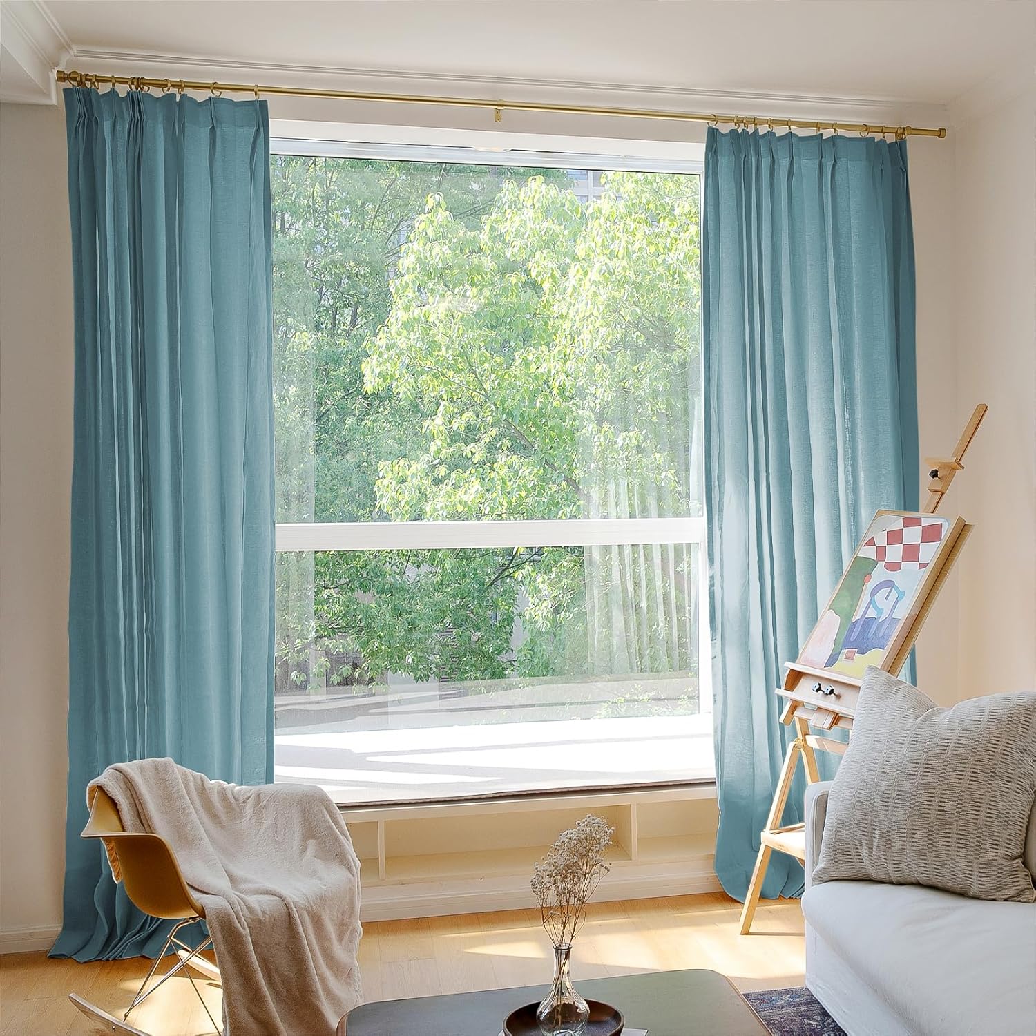 TWOPAGES Turquoise 100W x 108L Pinch Pleated Curtain for Sliding Glass Door, Natural Linen Drape Light Filtering Pricavy Curtain for Living Room, 1 Panel