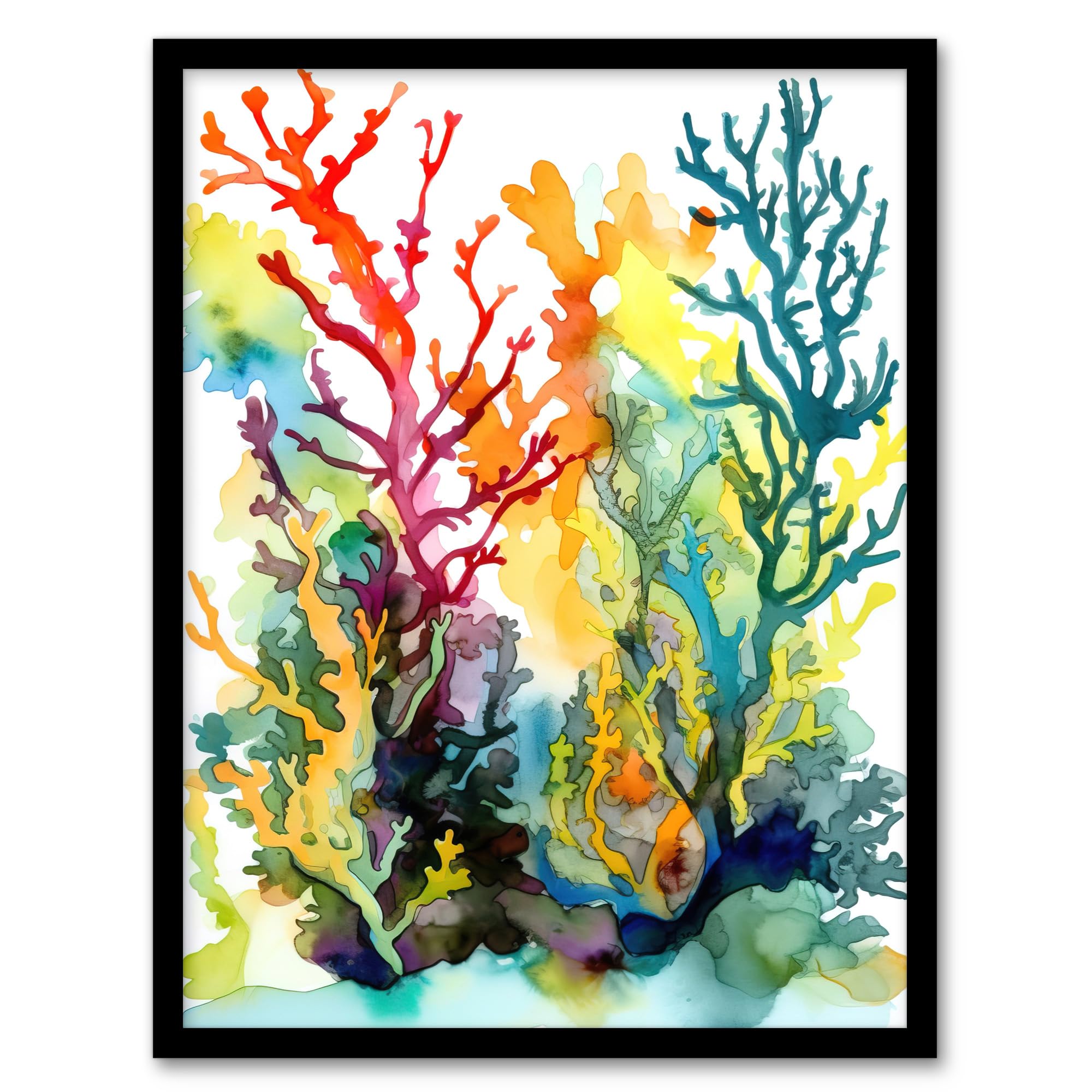 Wee Blue Coo Seaweed and Corals Watercolour Artwork Vibrant Orange Red Blue Seascape of Aquatic Plants Artwork Framed Wall Art Print A4