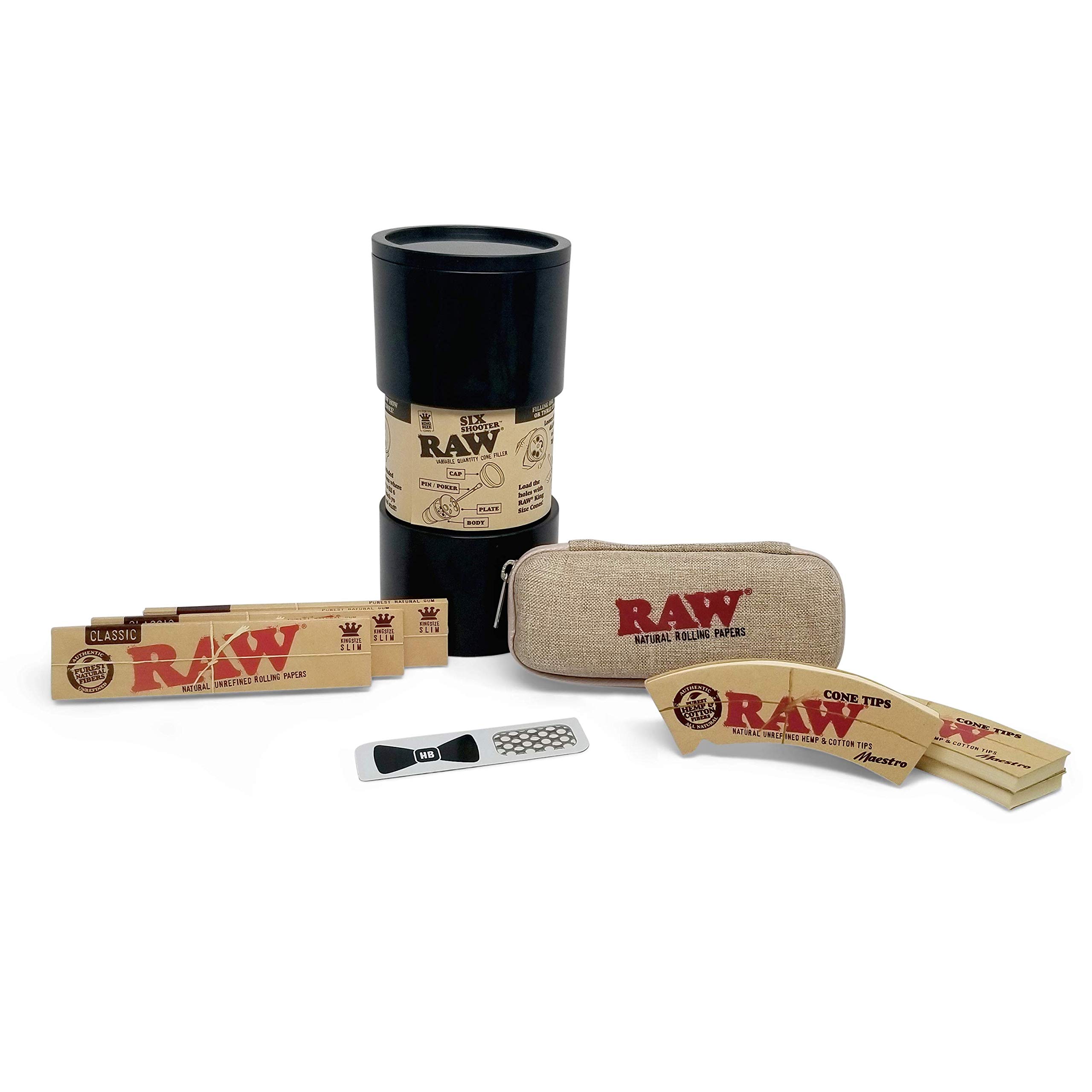 RAW Six Shooter Cone Filler with RAW Classic King Size Slim Rolling Papers (3 Packs), Maestro Cone Tips (3 Packs), Hard Shell Cone Wallet, and Hippie Butler Grinder Card – 9 Items – Bundle