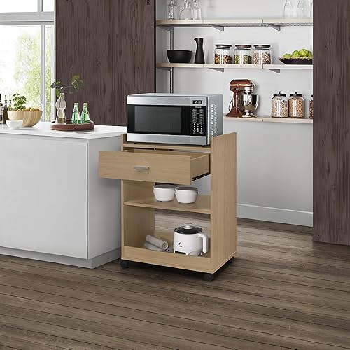 Kings Brand Furniture - Armario de carrito de servicio de microondas para isla de cocina con cajón y estantes para almacenamiento (haya)
