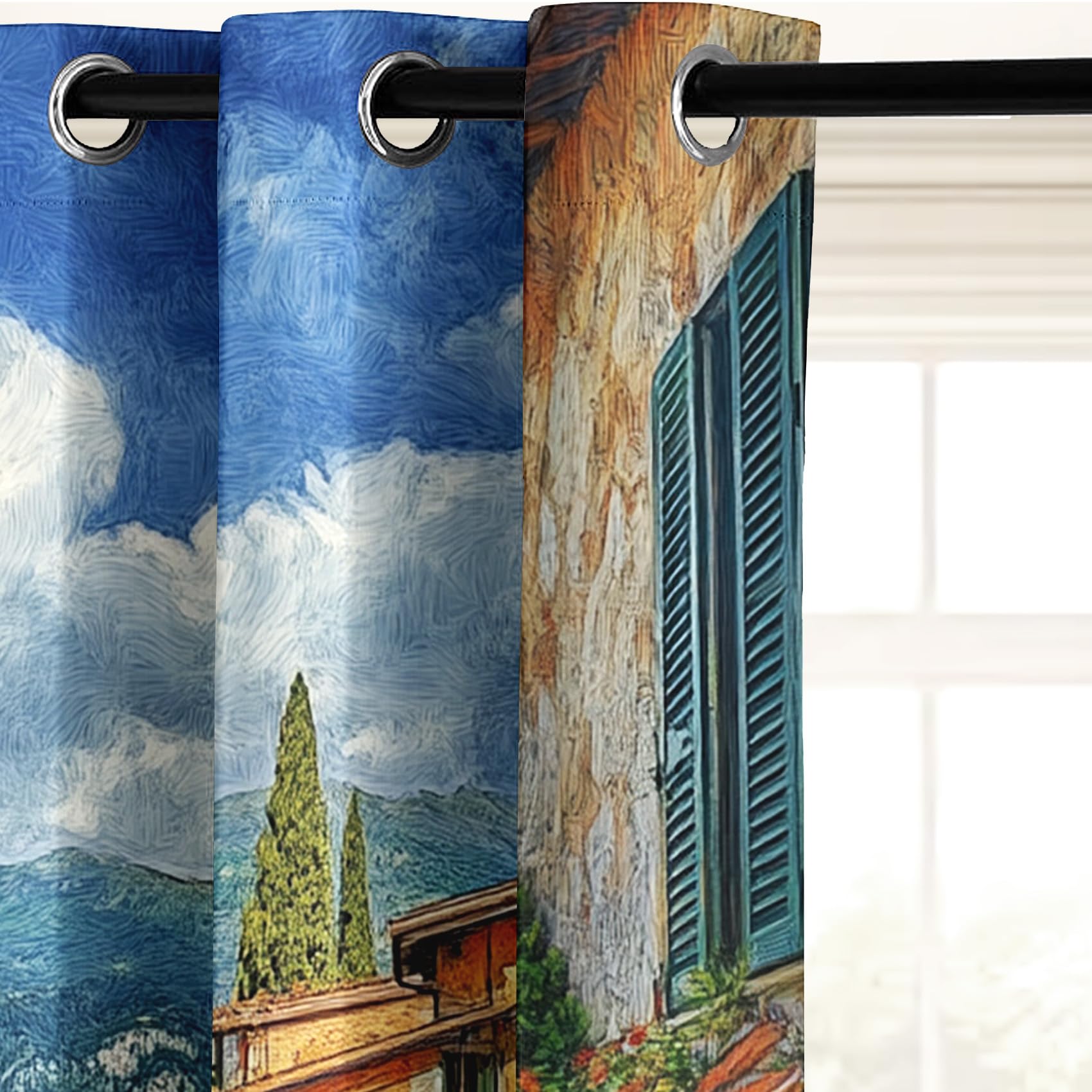 Vorhänge Blickdicht Toskana Küstenstadt, Gardinen mit Ösen, Vorhang Italien Mittelmeer Landschaft für Schlafzimmer Wohnzimmer Thermovorhang Dekoration Curtains 170 x 200cm (H x B) s1YU&Q-103