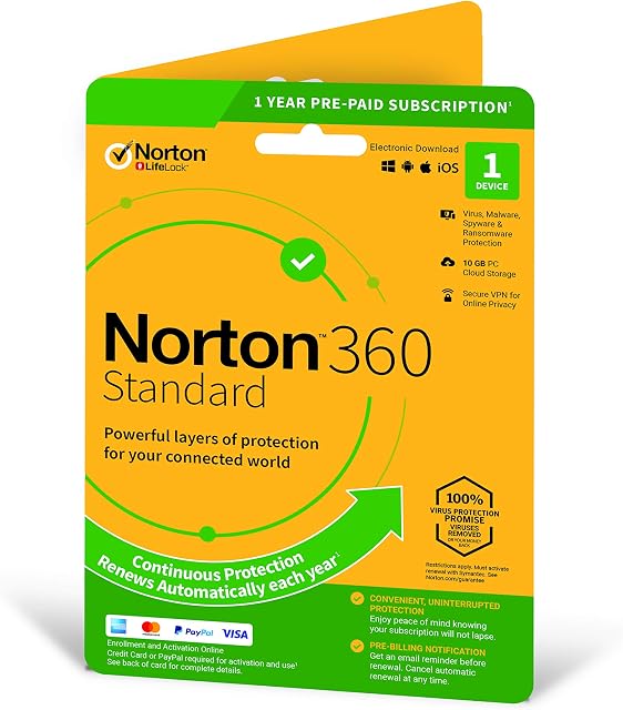 Norton 360 Standard 2023, Antivirus software for 1 Device and 1-year subscription with automatic renewal, Includes Secure VPN and Password Manager, PC/Mac/iOS/Android, Activation Code by Post