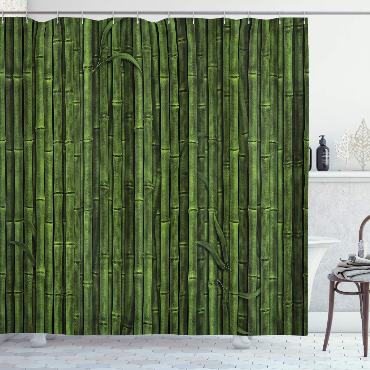 Ambesonne Asian Themed Shower Curtain, Tall Stick Branches Closeup Scenery Emerald Colored Digital Illustration Print, Cloth Fabric Bathroom Decor Set with Hooks, 69" W x 70" L, Green