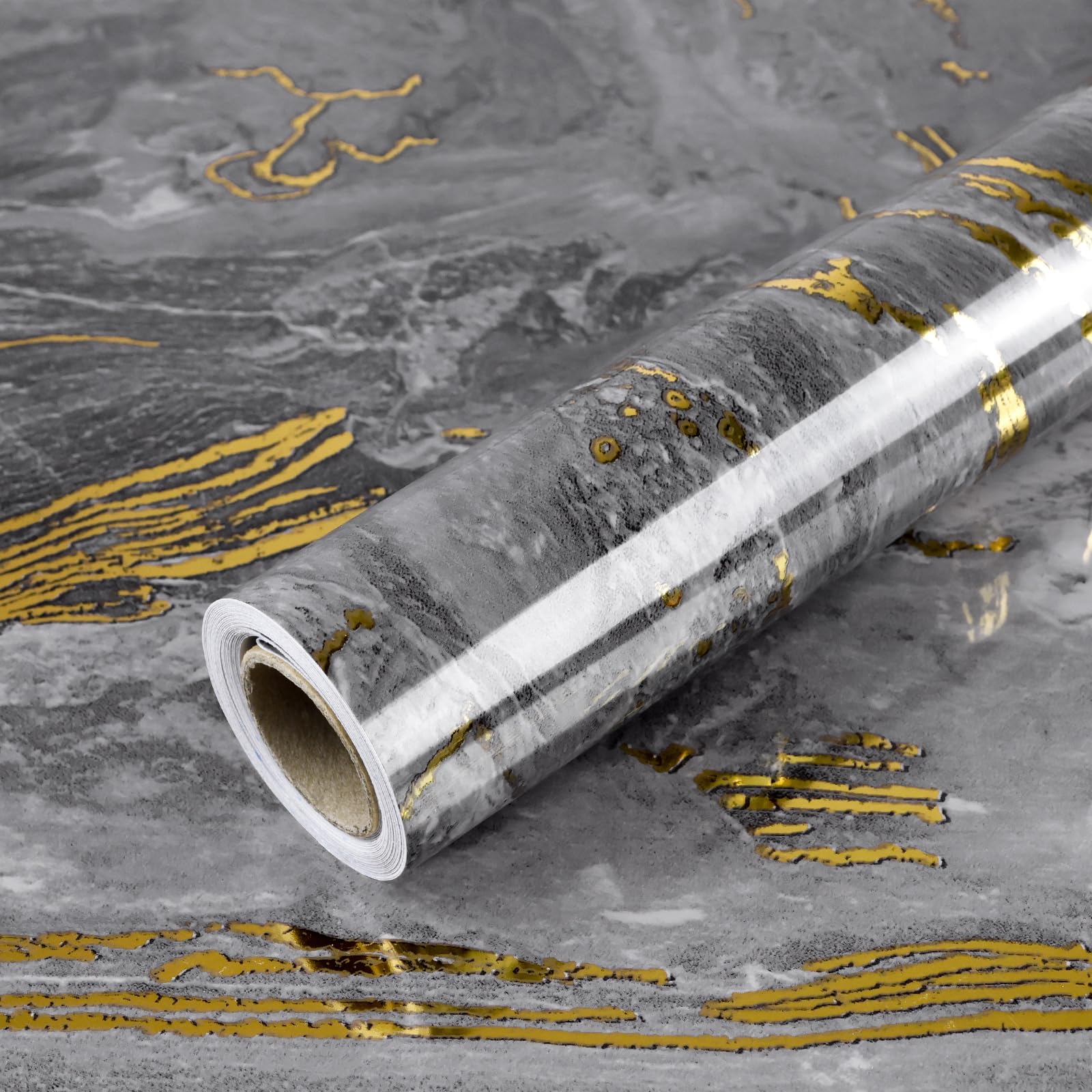 AuraCyzirine Grey Gold Marble Wallpaper Peel and Stick,Self Adhesive Glossy Marble Effect Wallpaper Roll,Waterproof Vinyl Film for Kitchen Countertop,Furniture,Walls,Bedroom,Living Room,60cm x 500cm