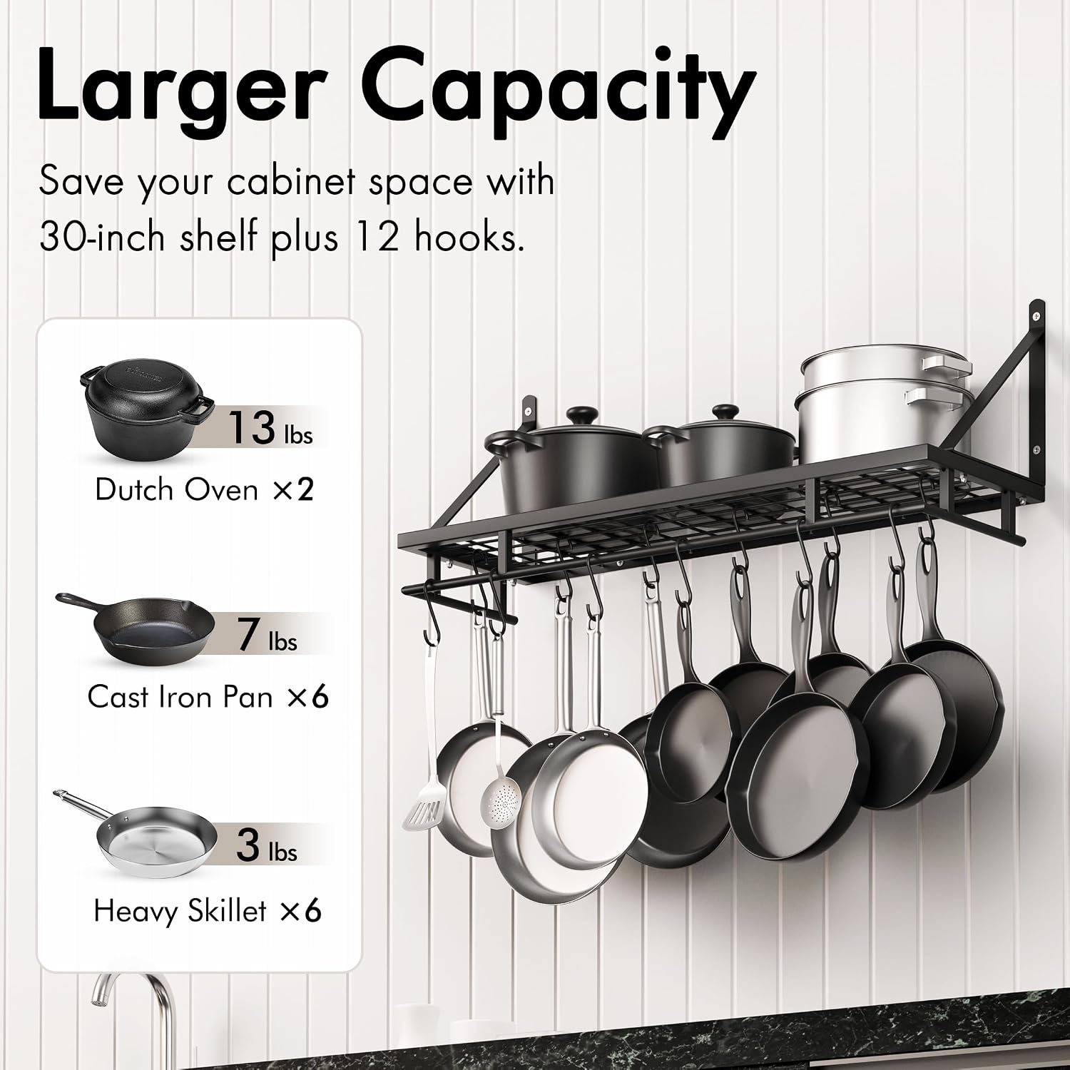 KES 30-Inch Kitchen Pan Pot Rack Wall Mounted Hanging Storage Organizer Wall Shelf with Hooks Matte Black, KUR215S75A-BK