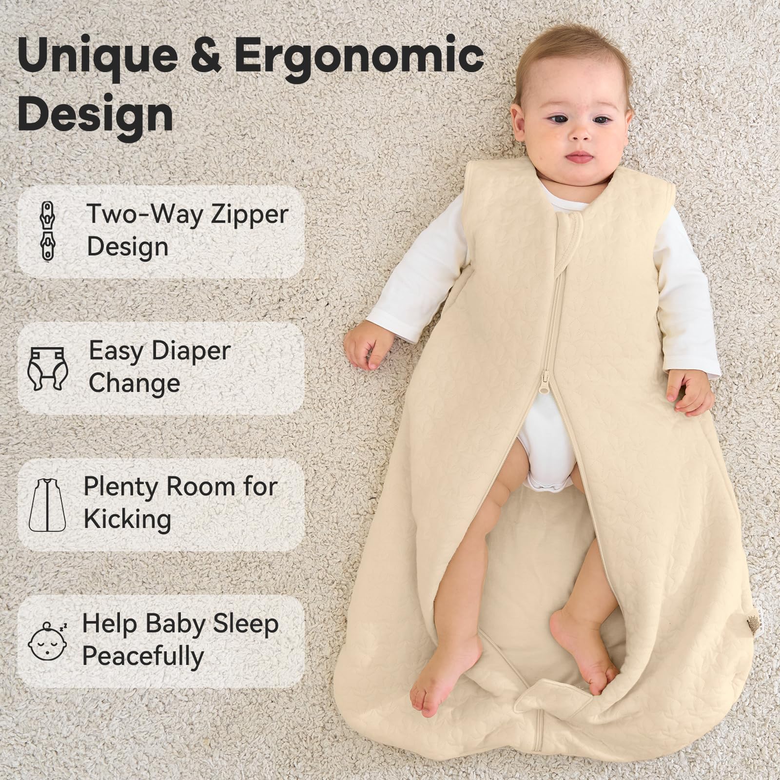 Unnivoll Sacco Nanna Invernale 18-24 Mesi - Sacco Nanna Neonato 2,5 Tog per Bambini, Tessuto 100% Cotone, Primavera Estate Inverno Autunno Albicocca
