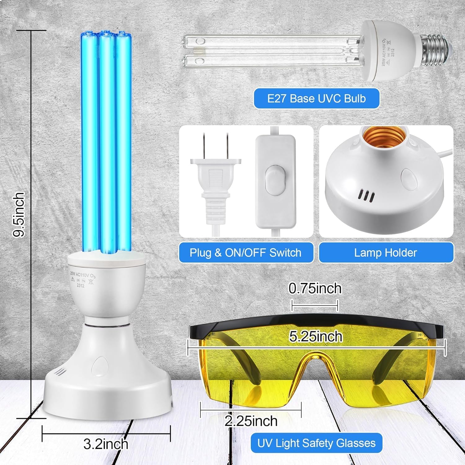 Qualirey 25 Watt UV Light, UVC Lamp with E27 Base and Remote Control and UV Protection Glasses, UVC Light Bulb for Basement/Bedroom/Kitchen(with Ozone)