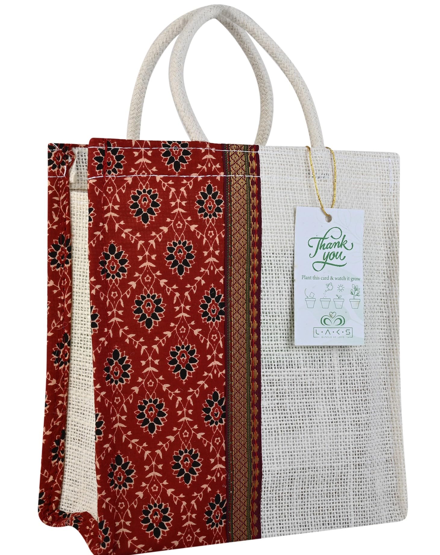 LAKS - Jute Bags - Jute Bags For Return Gifts - Return gift bags - Gift bags SMALL Size - 9x9x4 inch - With Seed Paper Thank You Card (Kalamkari, Pack of 10)