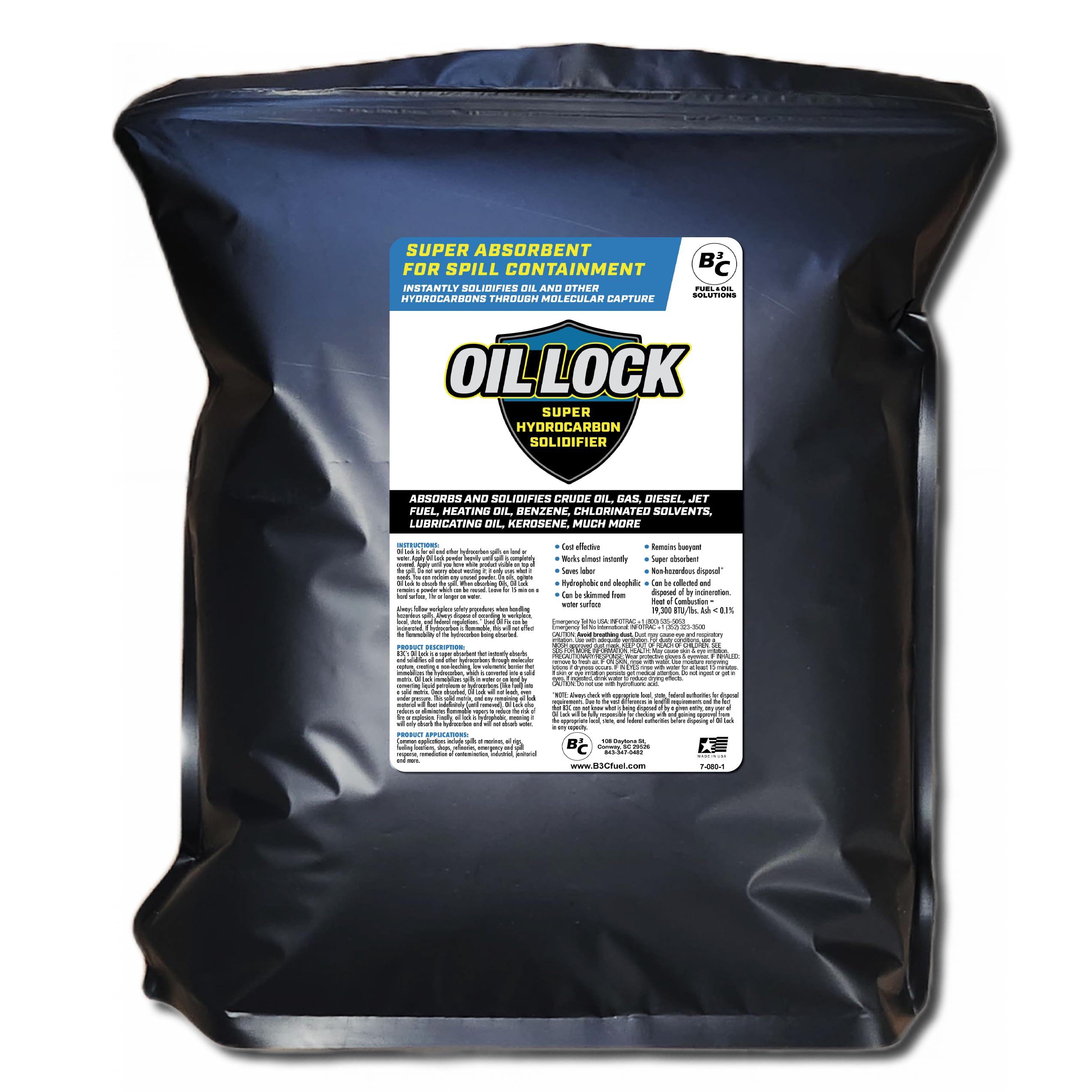 Oil Lock Super Hydrocarbon Solidifier 5 lb Bag. Instantly Absorbs and Solidifies Oil, Gas, Diesel, Jet Fuel, Heating Oil, Benzene and More. Equivalent to 55 lbs of competitor's Product.