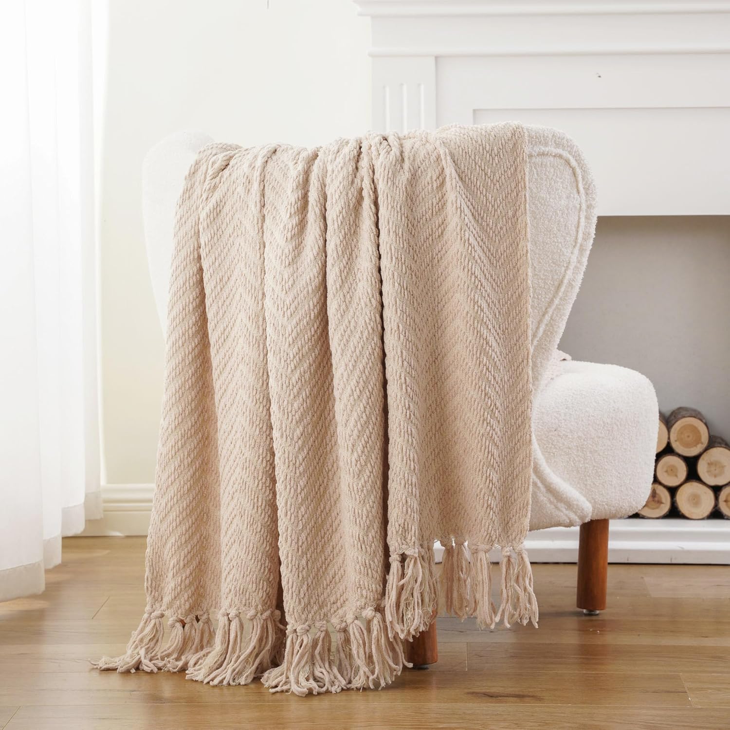BATTILO HOME Beige Throw Blanket for Couch, Knitted Beige Throw for Bed, Neutral Throw Blankets Tan Throw Blanket for Room Decor Housewarming Gifts, 50" x 60" - Image 4