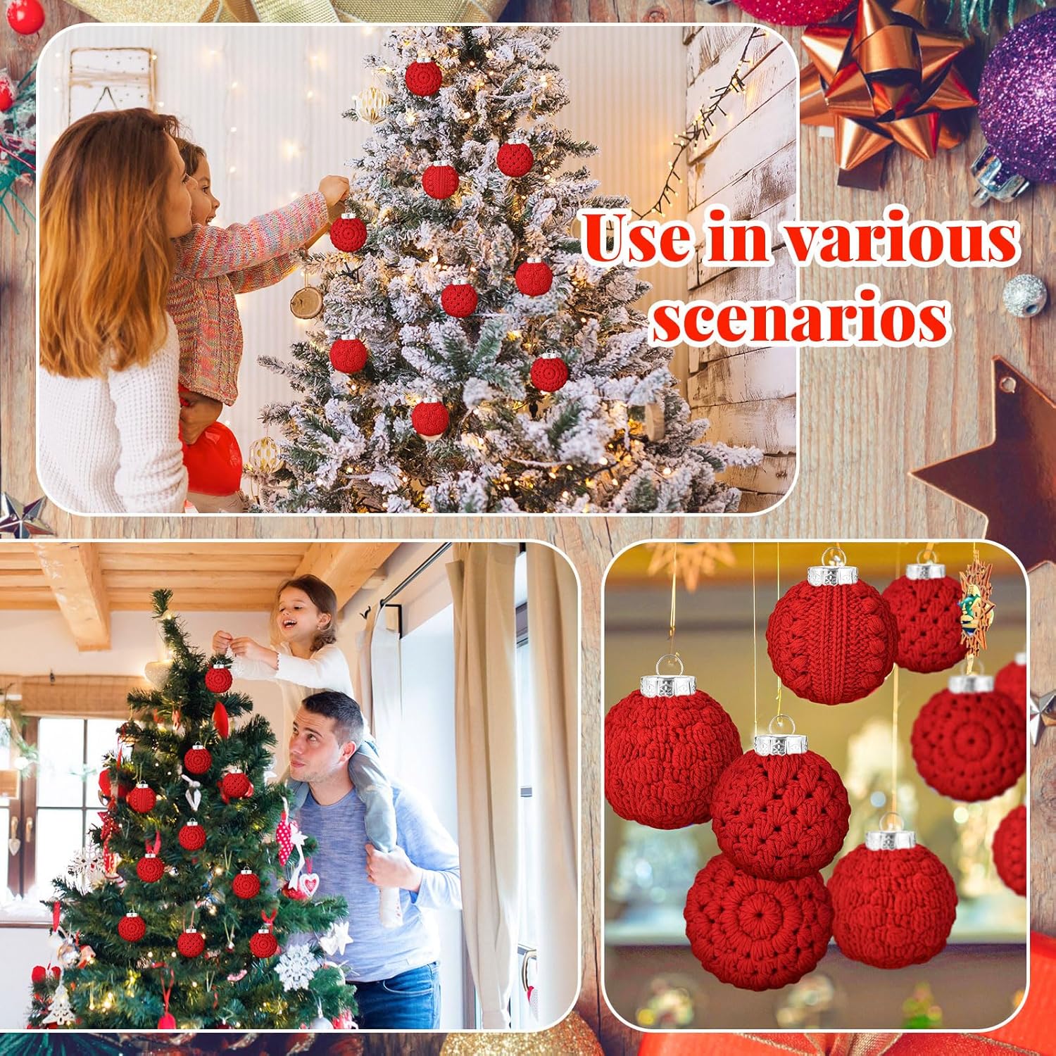 Syhood 12 Pcs Farmhouse Crochet Christmas Ornaments 4 Styles 2.36 Handmade Vintage Rustic Crochet Knitted Christmas Ball Ornaments for Xmas Tree Party Decoration Supplies (Red)
