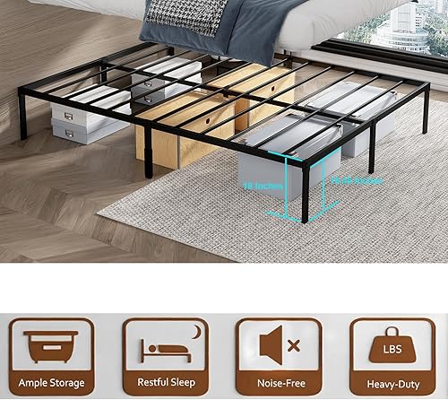 Miniatura 5 de Base de cama resistente tamaño Queen de 18 pulgadas de alto, color negro, plataforma simple, marco de colchón de cama alto, no necesita somier