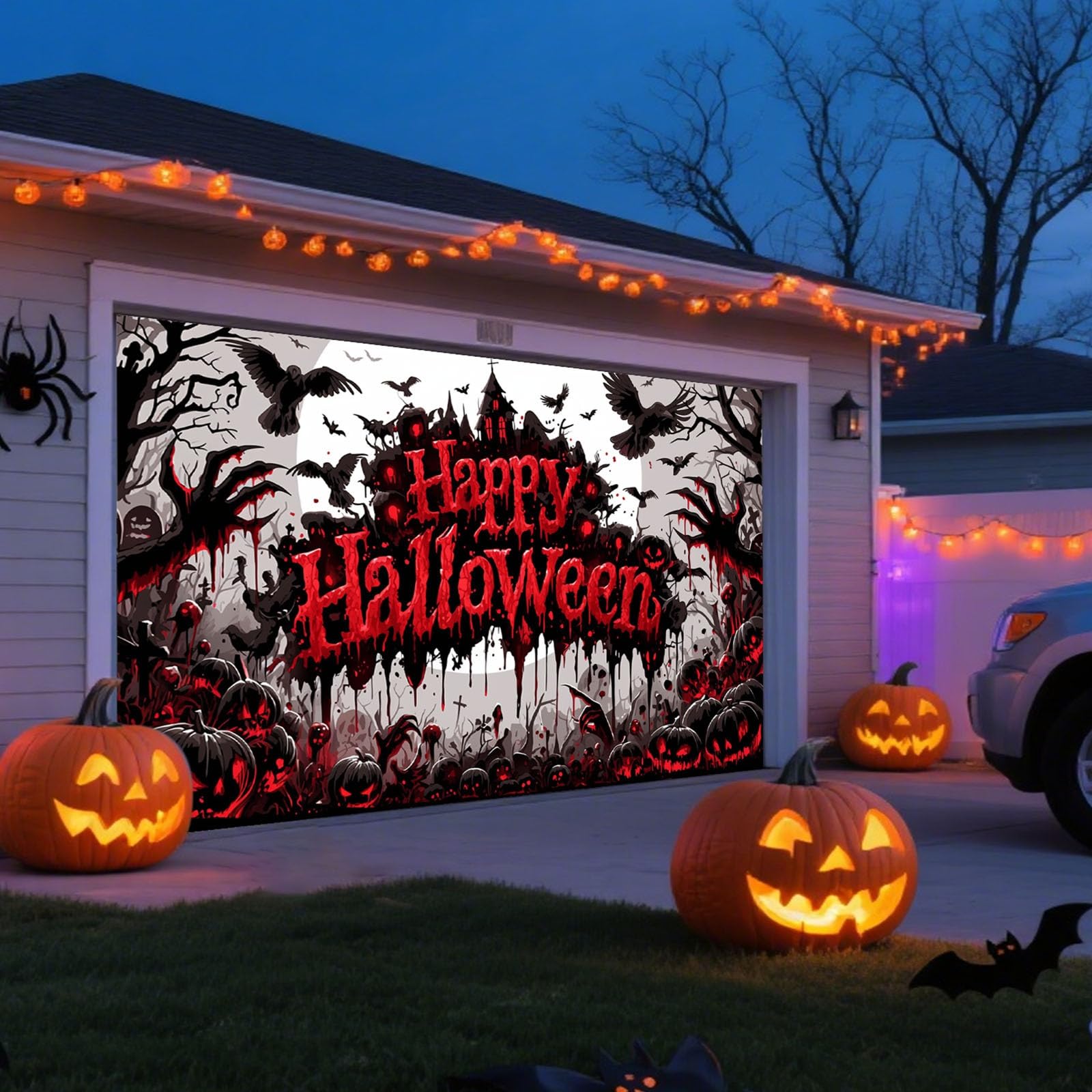 Letrero de Halloween para puerta de garaje, fondo espeluznante que deja una profunda impresión en vecinos y turistas.