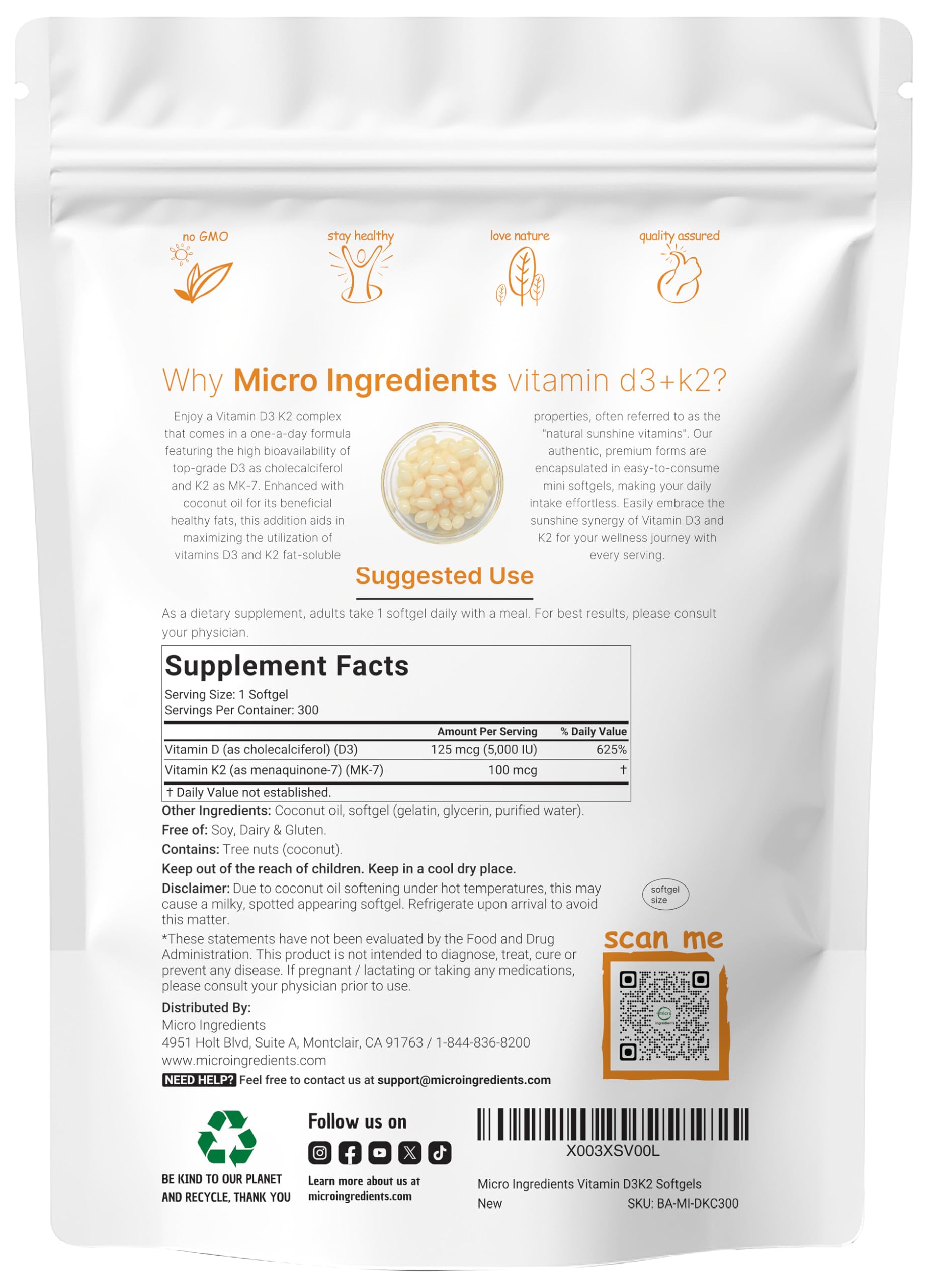 Micro Ingredients Vitamin D3 5,000 IU + K2 MK-7 100 mcg, 300 Softgels | Virgin Coconut Oil | 2-in-1 Bone, Immune & Heart Support | Easy to Swallow, Non-GMO