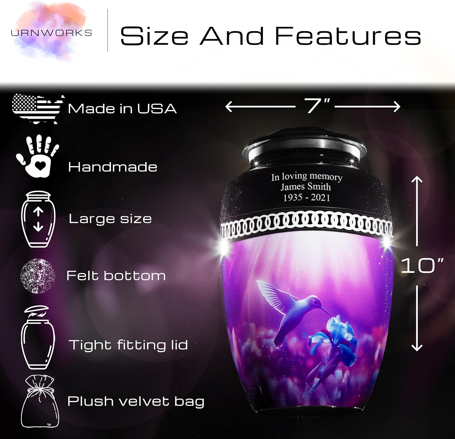 Hummingbird Cremation Urn for Human Ashes – Black Personalized Memorial with Name & Dates, Adult Funeral Tribute with Velvet Bag, Made in USA (Large)