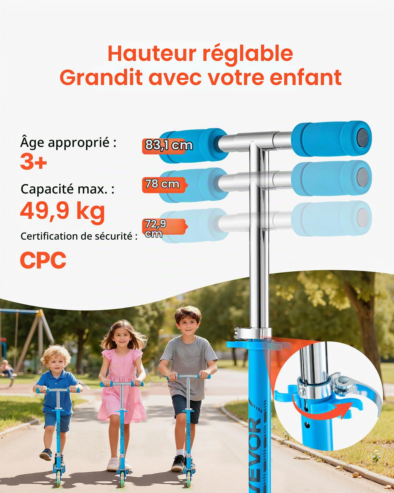 VEVOR Trottinette pour Enfants à partir de 3 Ans, patinette à 2 Roues Lumineuses, Guidon réglable en Hauteur, Large Plateau antidérapant, Cadre léger et Pliable pour garçons et Filles à 50 kg, Bleu