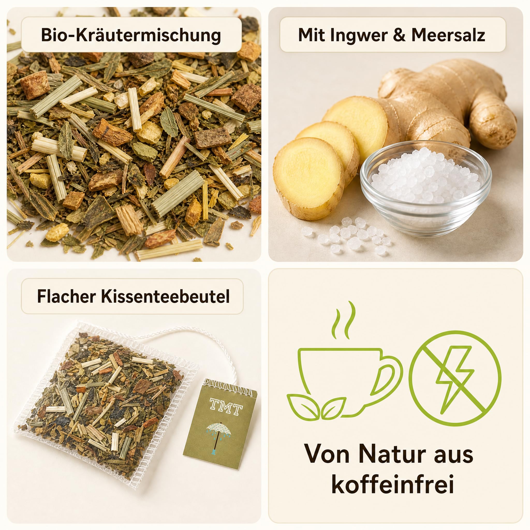 6 x TRINK MEER TEE REIZKLIMA Premium Kräutertee, mit Meersalz und Ingwer, vegan, glutenfrei, laktosefrei, handgenähte Kissenteebeutel, maritimes Design